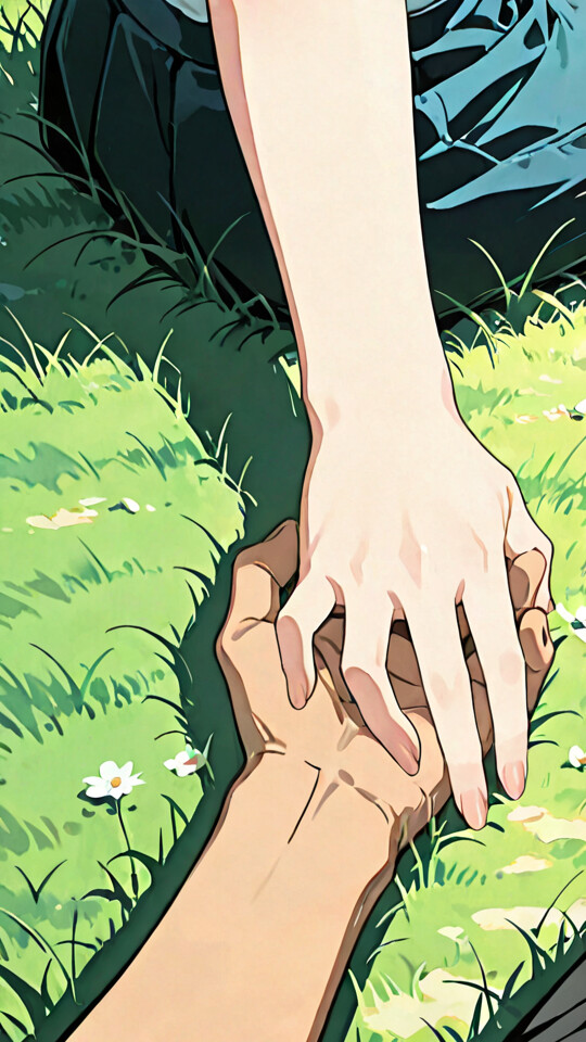 An anime-style illustration of two people holding hands in a sunny, green field. The focus is on a man's hand gently holding a woman's hands as she sits on the grass.