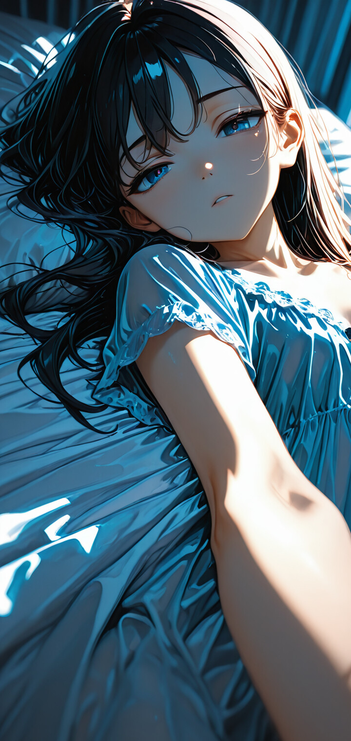 An anime-style girl with blonde hair lies in bed, wearing a pink nightgown. She is reaching her hand out towards the camera from a first-person perspective in a sunlit bedroom.