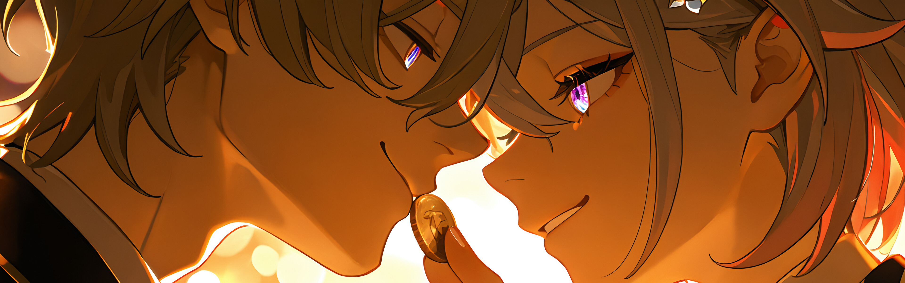 An anime-style digital painting of Aventurine and Topaz from Honkai: Star Rail. They are face-to-face in a close-up shot, bathed in warm, golden light with a bokeh background. Aventurine holds a coin between them, and they share an intense gaze.