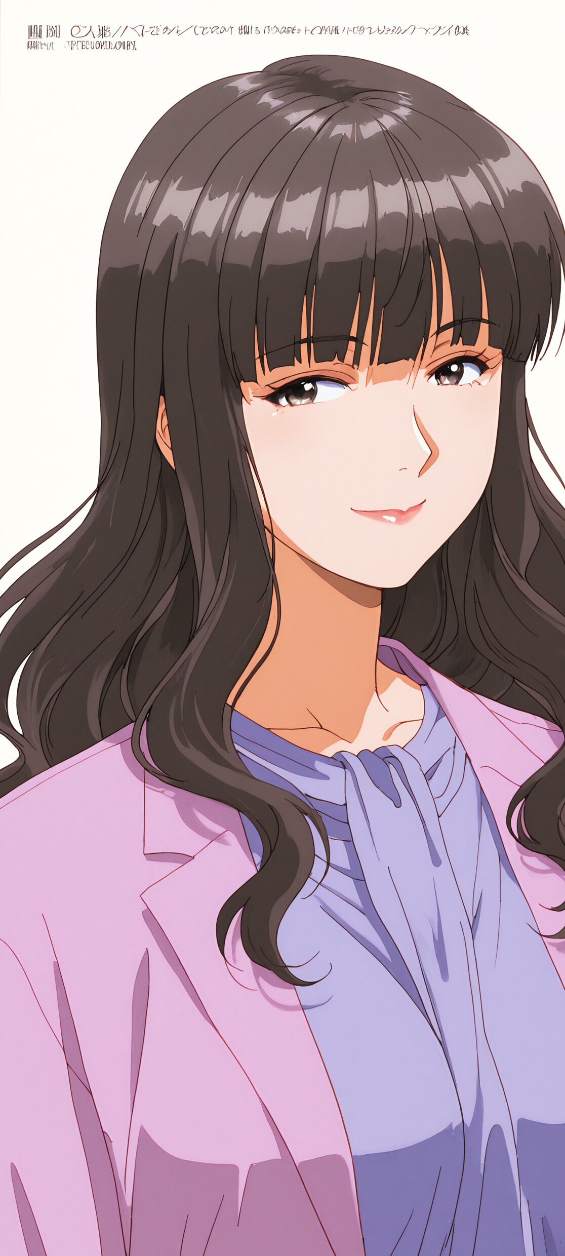An upper-body portrait of Shihoko Fujimiya from More Than a Married Couple, But Not Lovers. She has long, wavy dark hair and is smiling gently while looking to the side, wearing a purple blouse and a tan blazer against a white background.