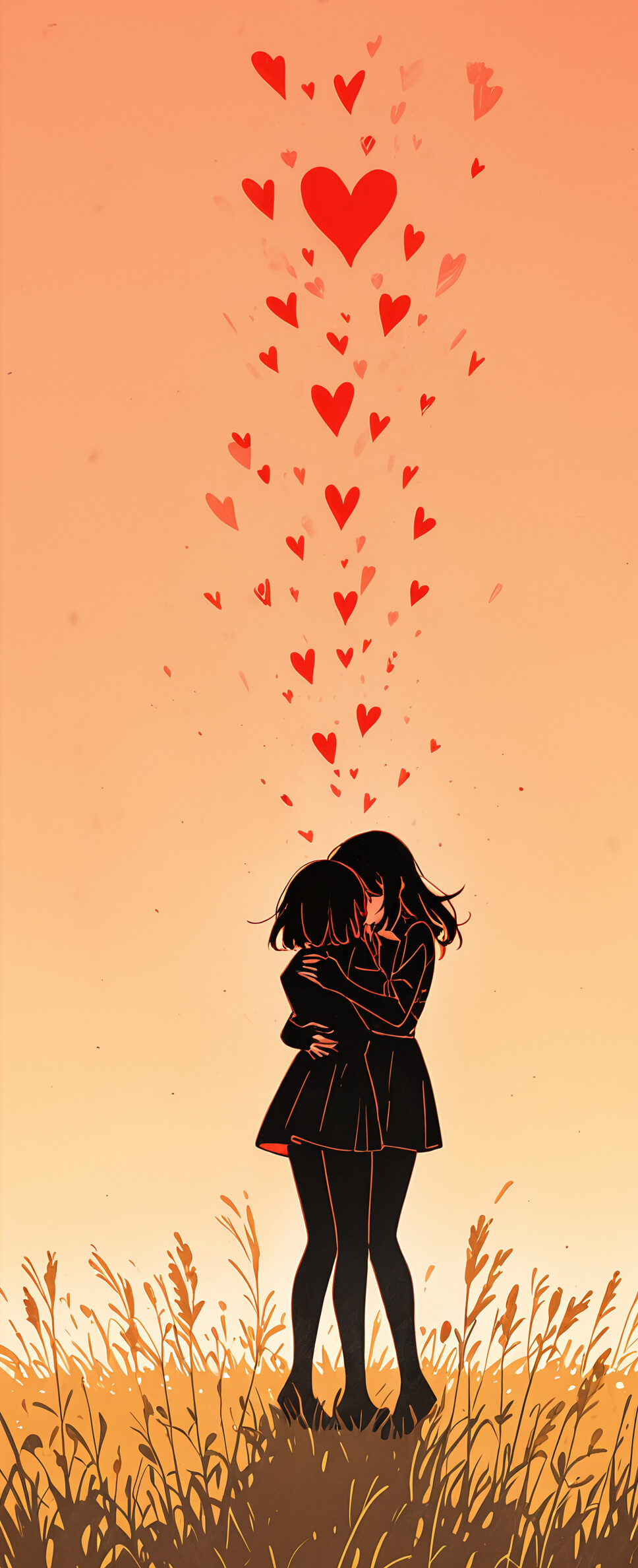 An anime girl with long, blue-grey hair and closed eyes, standing in a field against an orange sunset sky, gently holding a glowing red heart in her hands.