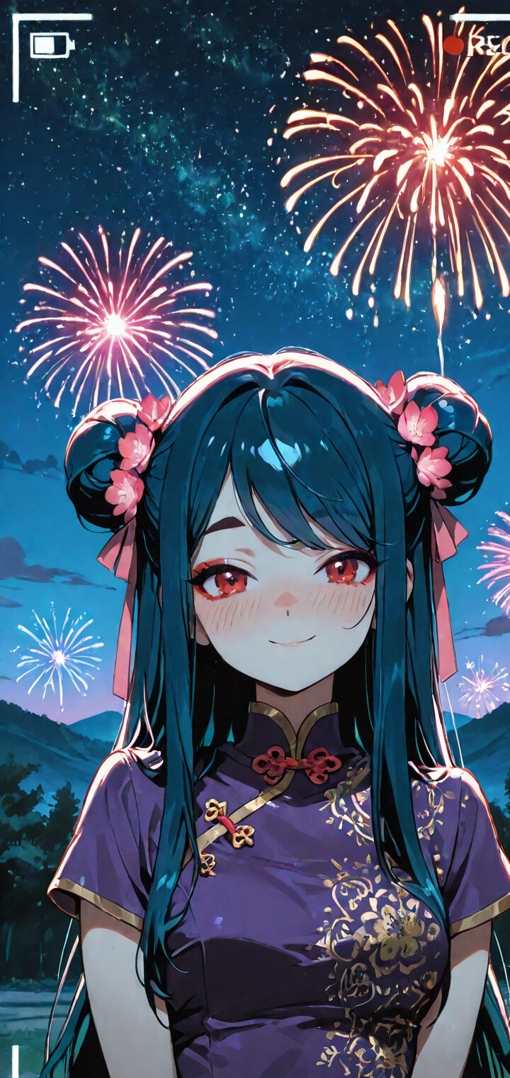 An anime girl with dark blue hair in double buns and a purple Chinese dress smiles in front of a night sky filled with colorful fireworks, framed by a camera viewfinder overlay.