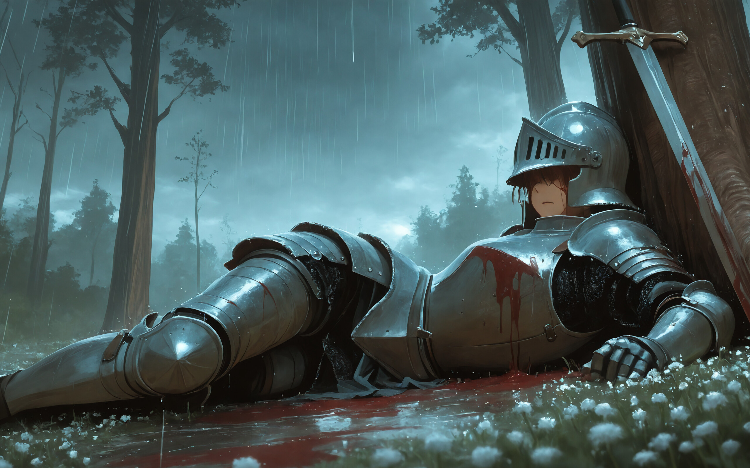 A fallen knight in full metal armor lies on the ground in a rainy forest clearing, with their helmet beside them. A large sword is stuck in the earth next to the body, which is surrounded by a pool of blood and small white flowers.