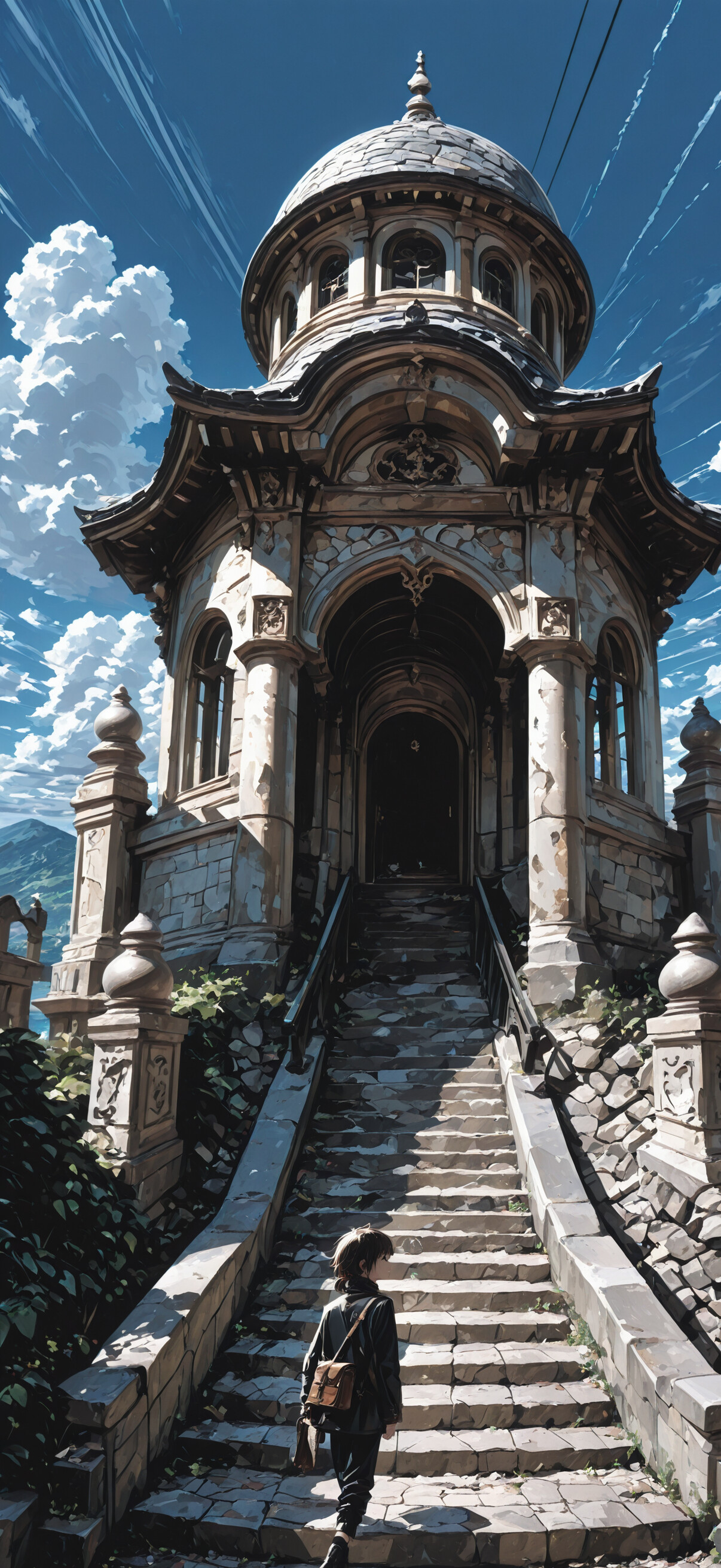 A low-angle view of a young person in a dark uniform standing on stone steps before a massive, ancient, and ornate arched temple entrance surrounded by dense forest and trees under a bright blue sky with clouds.