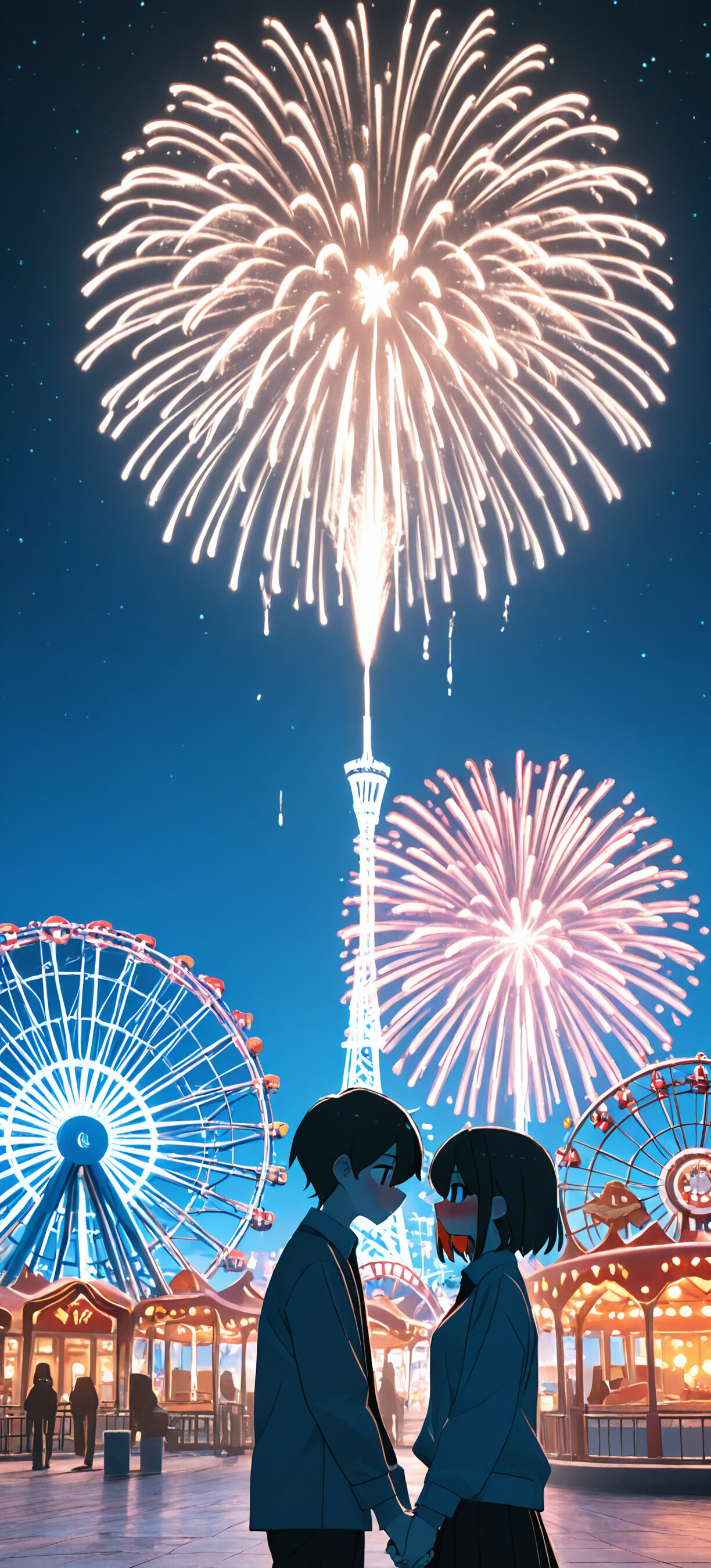 An anime couple holds hands at a brightly lit amusement park at night. A large blue Ferris wheel is on the left, and vibrant fireworks are exploding in the sky above them.