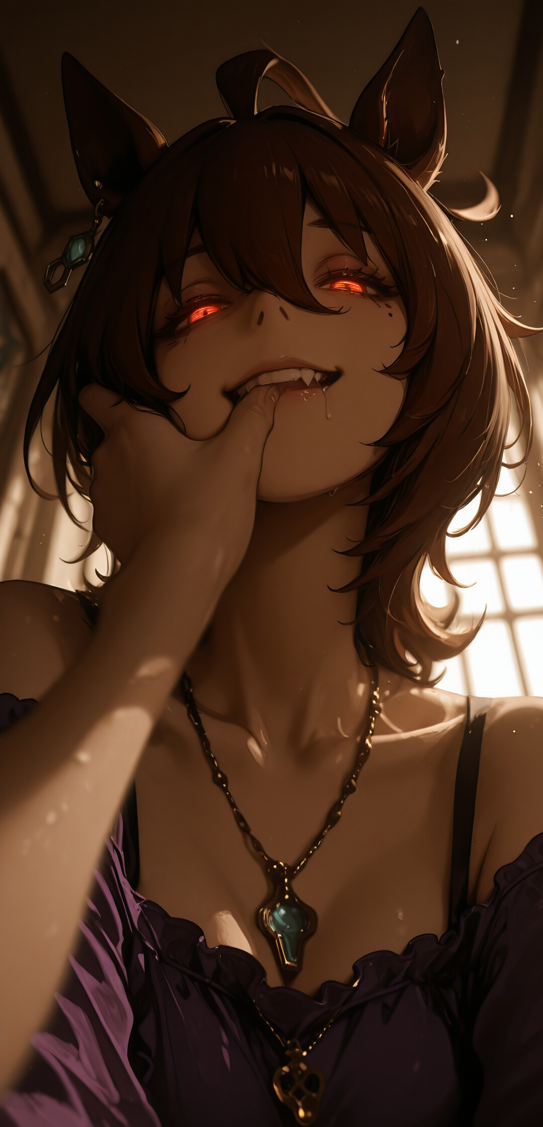 An anime-style illustration of Agnes Tachyon from Uma Musume with brown hair, horse ears, and glowing red eyes. She has a menacing grin with fangs and is licking her fingers while looking intensely at the viewer.