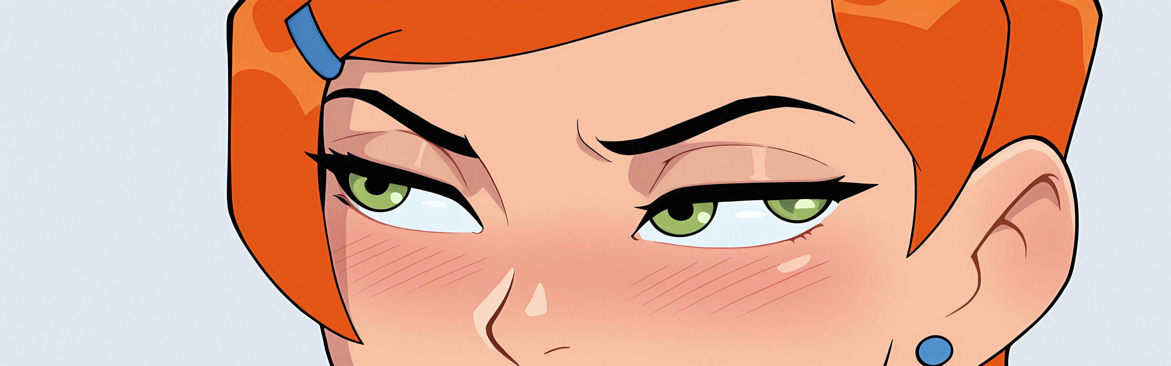 A close-up digital illustration of Gwen Tennyson from Ben 10. She has short orange hair, green eyes, and a blue earring. She is looking to the side with a teasing, naughty expression, biting her lip slightly.