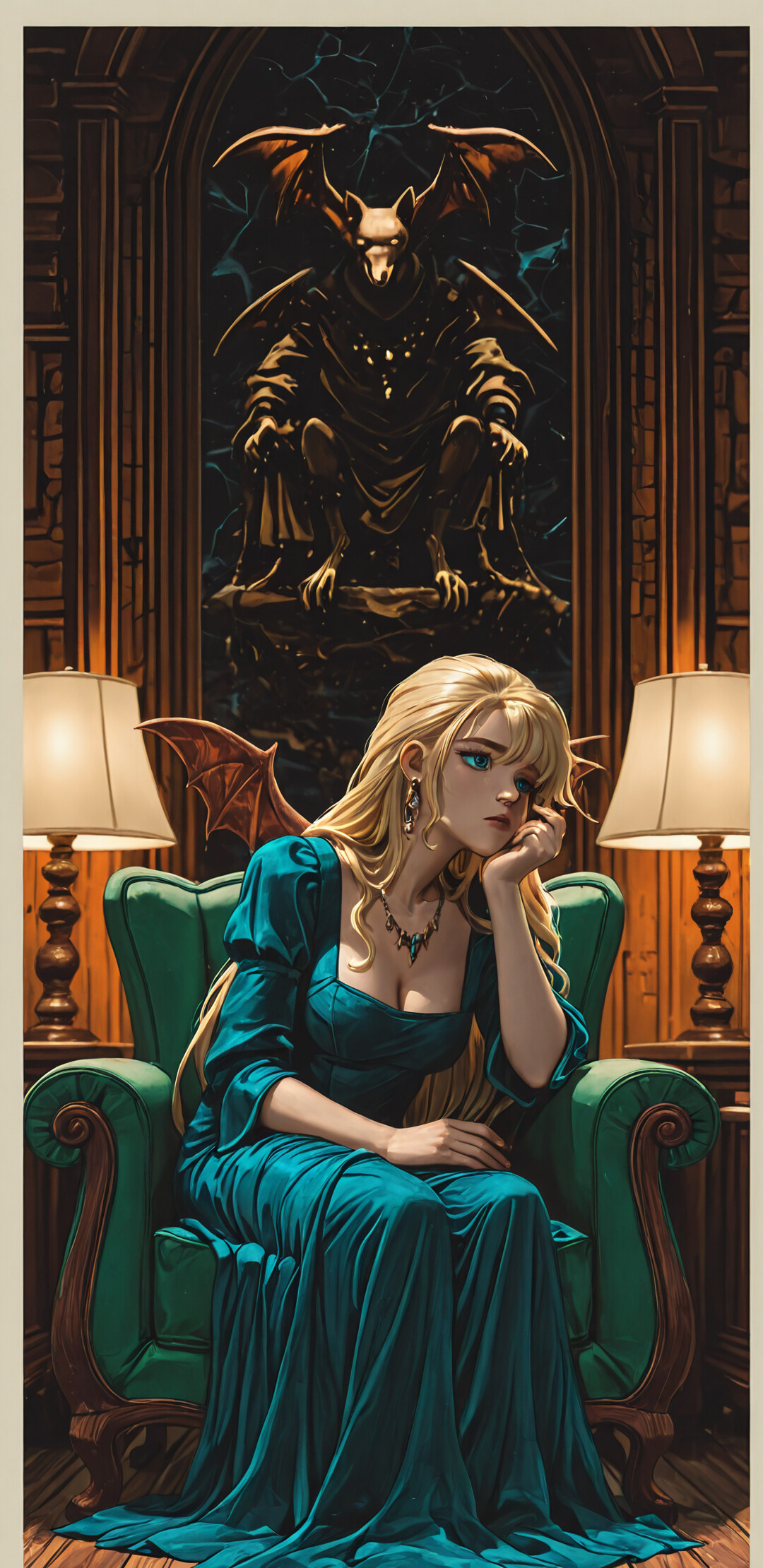 An illustration of a young woman with long blonde hair and large brown wings, sitting on a green couch in a dimly lit room. She is wearing a long teal dress and resting her chin on her hand, looking thoughtful.