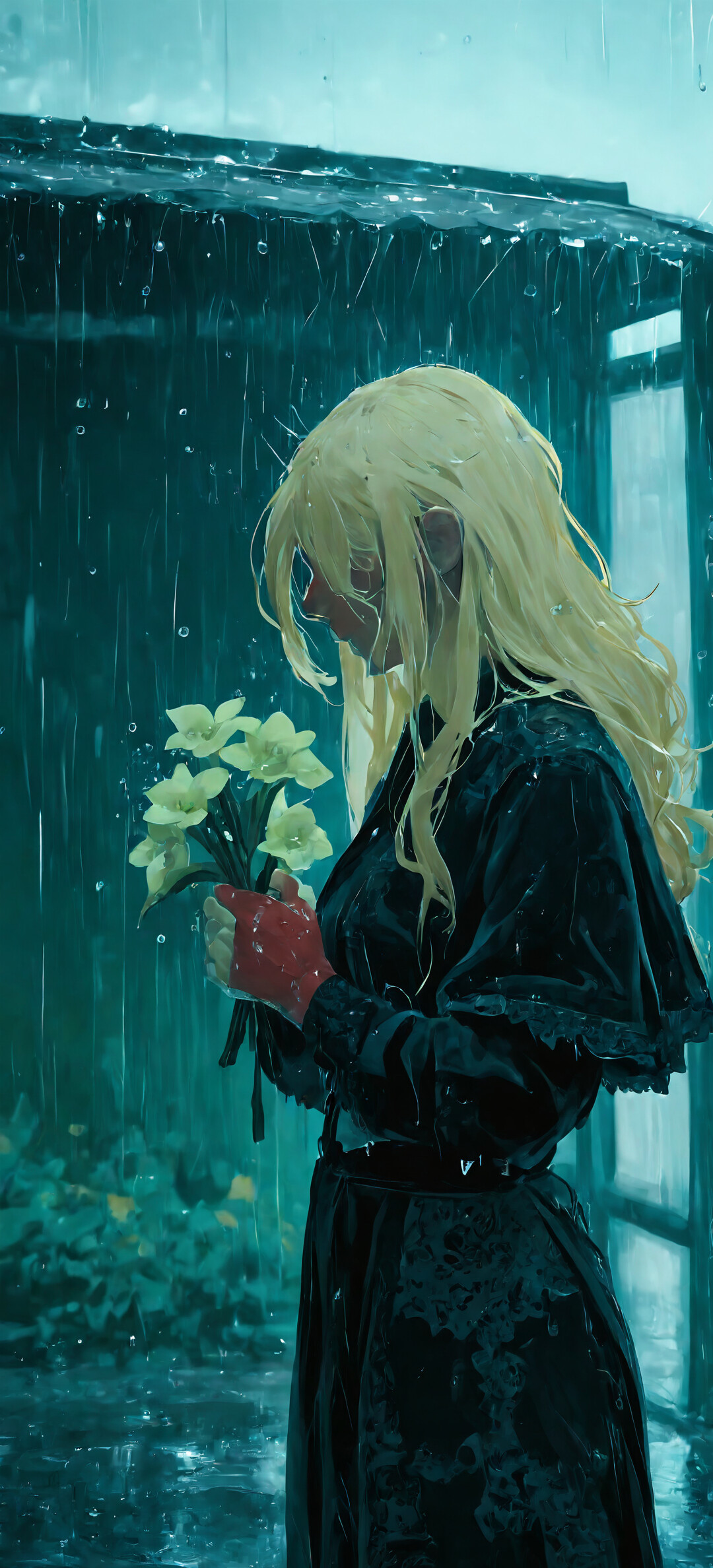 An anime-style illustration of a young woman with long blonde hair holding a bouquet of pale flowers while standing under a shelter in the pouring rain.