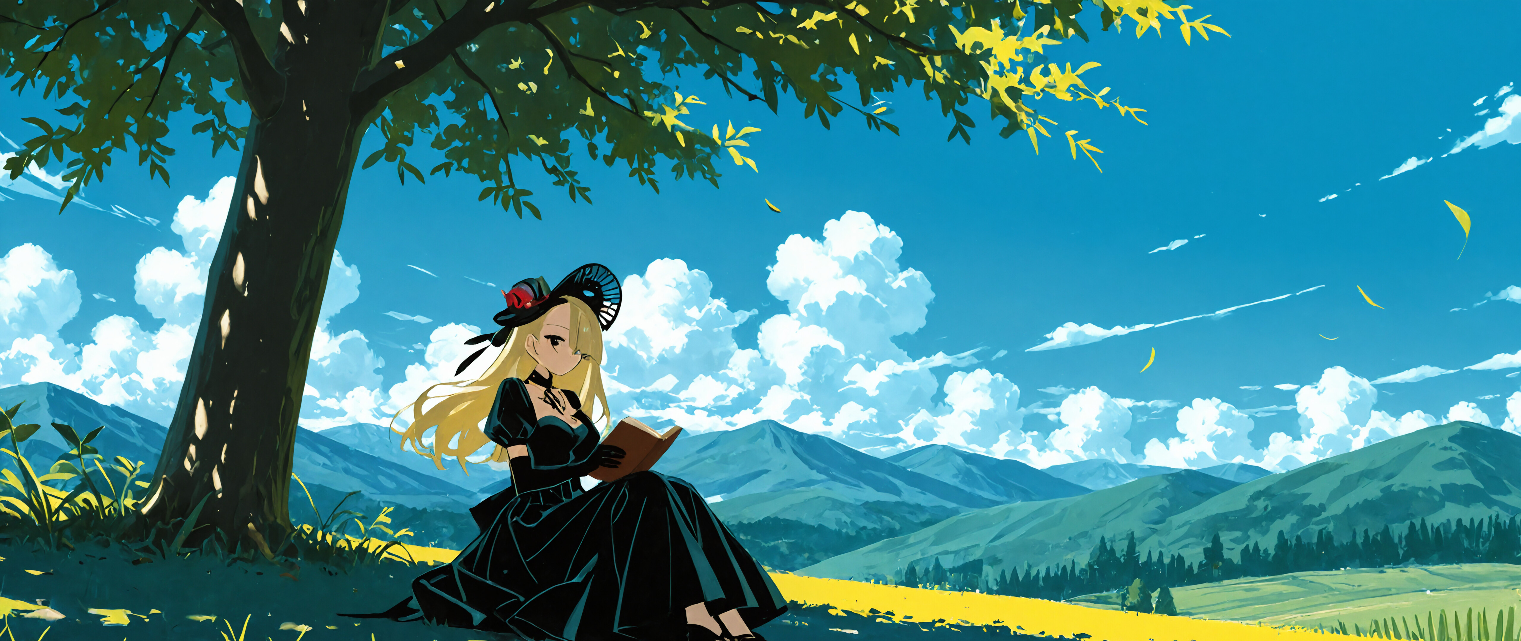 Anime illustration of Shokuhou Misaki, a girl with long blonde hair, in a black Victorian dress and hat, reading a book in the shade of a tree on a hill with mountains in the background.