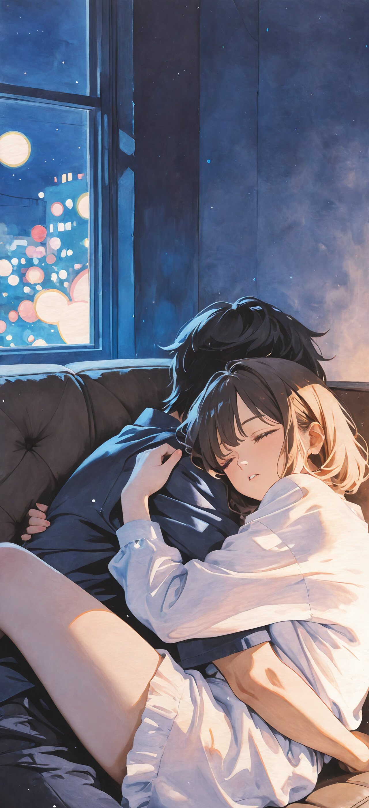 An anime-style illustration of a young man and woman cuddling on a blue couch at night, with a city skyline visible through the window.