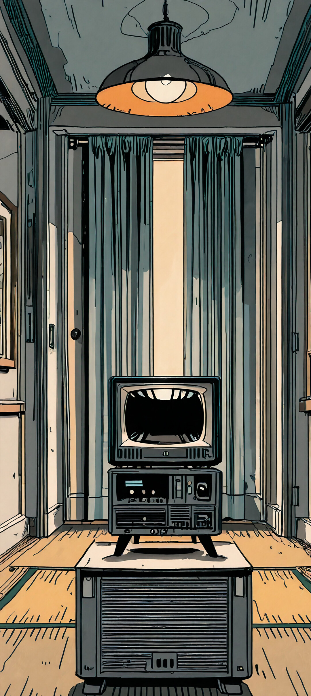 An illustration of a retro-style room with tatami mats, a VCR, stacked tube TVs, and warm lighting from a pendant lamp and a table lamp.