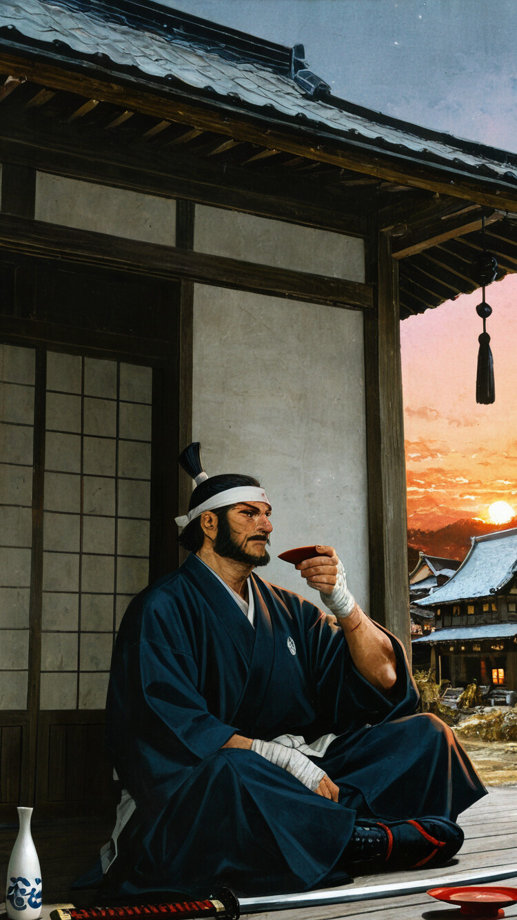 An illustration of a mature samurai with a mustache and topknot, sitting on a porch at sunset and holding a red sake cup while looking out over a Japanese village.