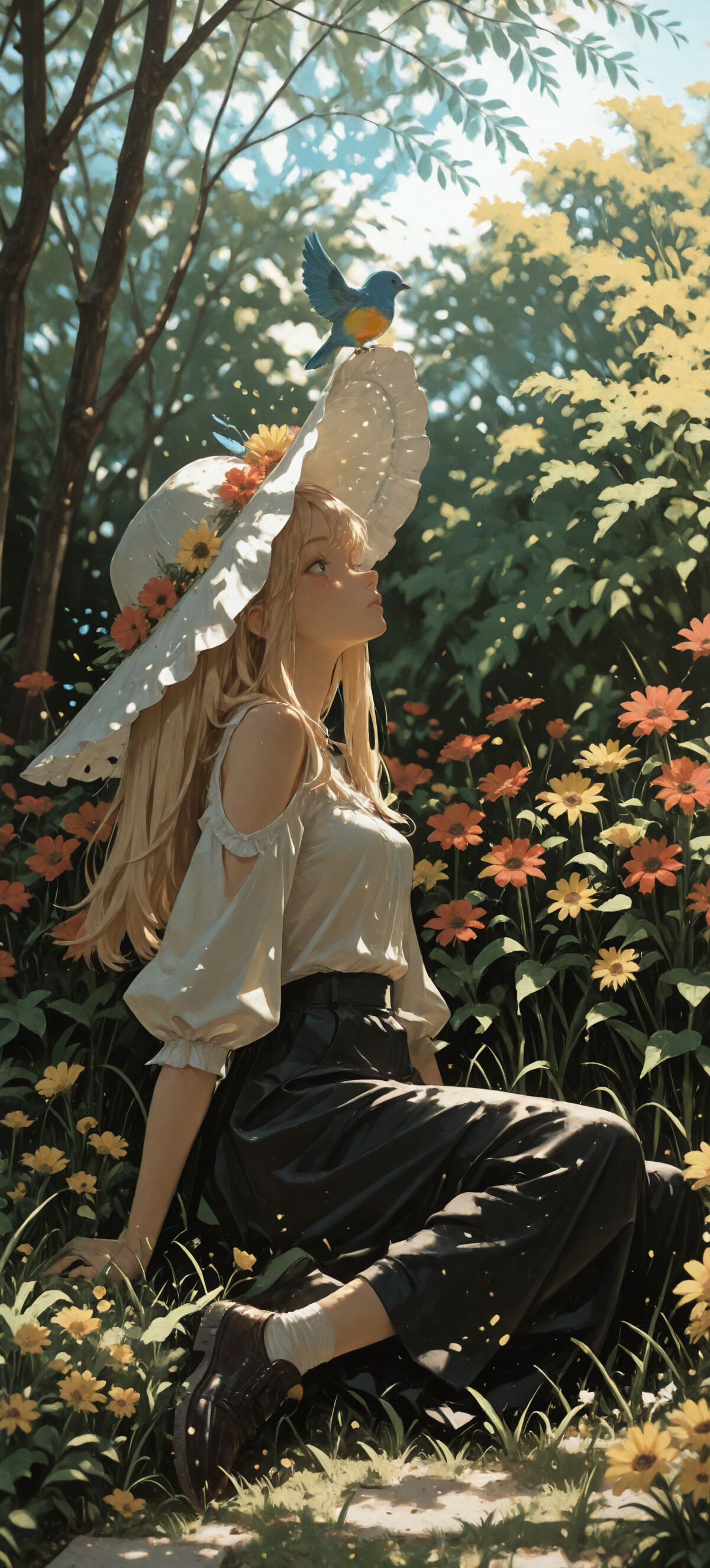 An anime-style illustration of a young woman with long blonde hair and a large white sun hat sitting in a field of red and yellow flowers. She is looking up at a small blue bird hovering in front of her in a sunlit forest.