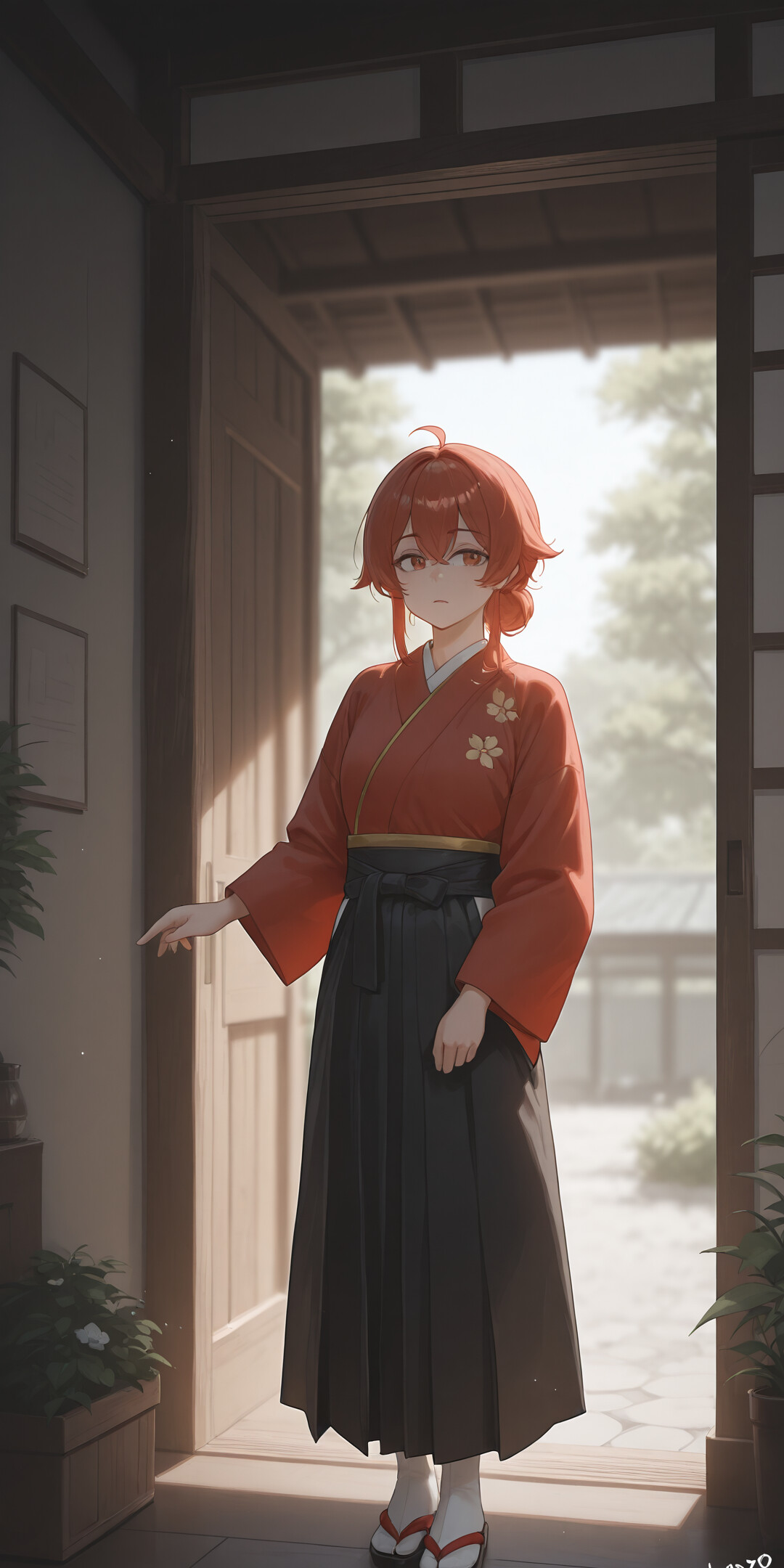 A young anime-style woman with long blonde hair in a long white dress stands in front of a dark green door. She is holding something in her hands and is flanked by two large potted plants under a sunny sky.