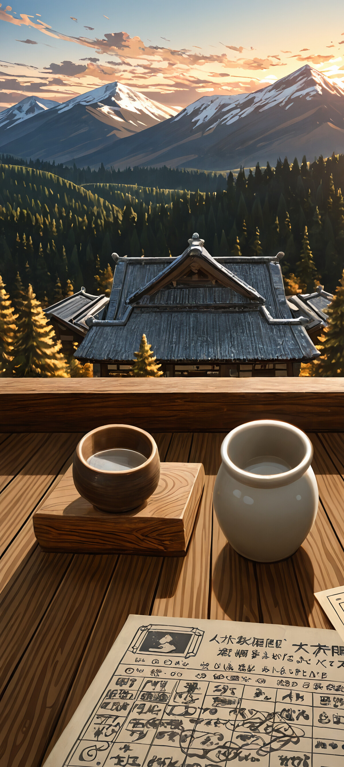 A first-person view from a wooden desk overlooking a stunning mountain range at sunrise. On the desk are papers with writing, a ceramic sake set, and a wooden tray with a small carved object. The background features pine trees and sunlit mountains in an anime art style.