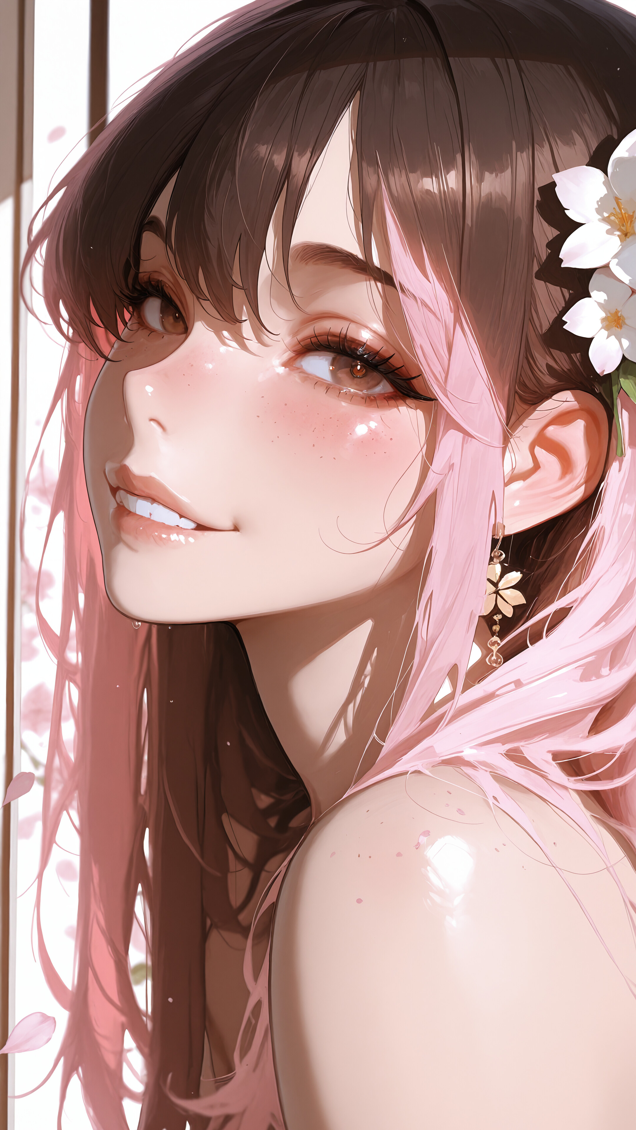 Digital illustration of Neopolitan from RWBY, a young woman with half-pink and half-brown hair, smiling softly at the viewer. She has a white flower in her hair and is wearing a white outfit and gold earrings.
