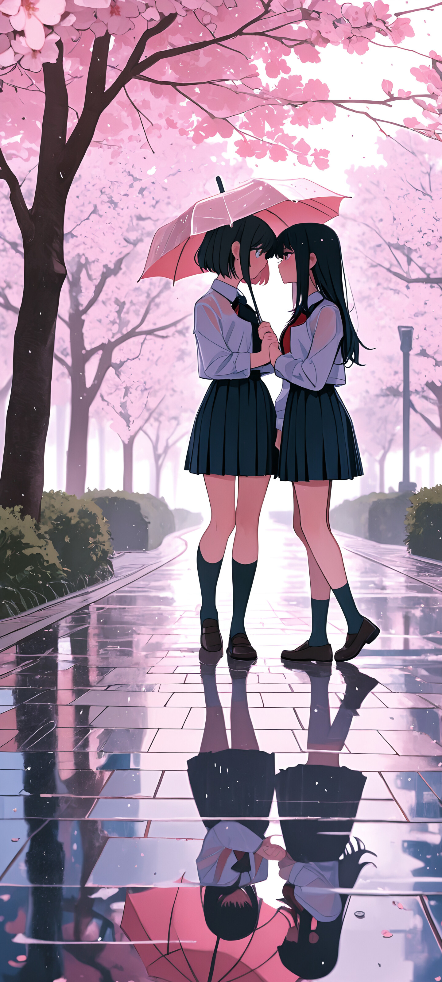 An anime illustration of two schoolgirls walking together under one clear umbrella on a rainy day. They are on a stone pathway lined with blooming pink cherry blossom trees. The pavement is wet and reflects the pink and purple hues of the scene. Both girls wear dark sailor-style school uniforms and look at each other with soft, shy expressions.