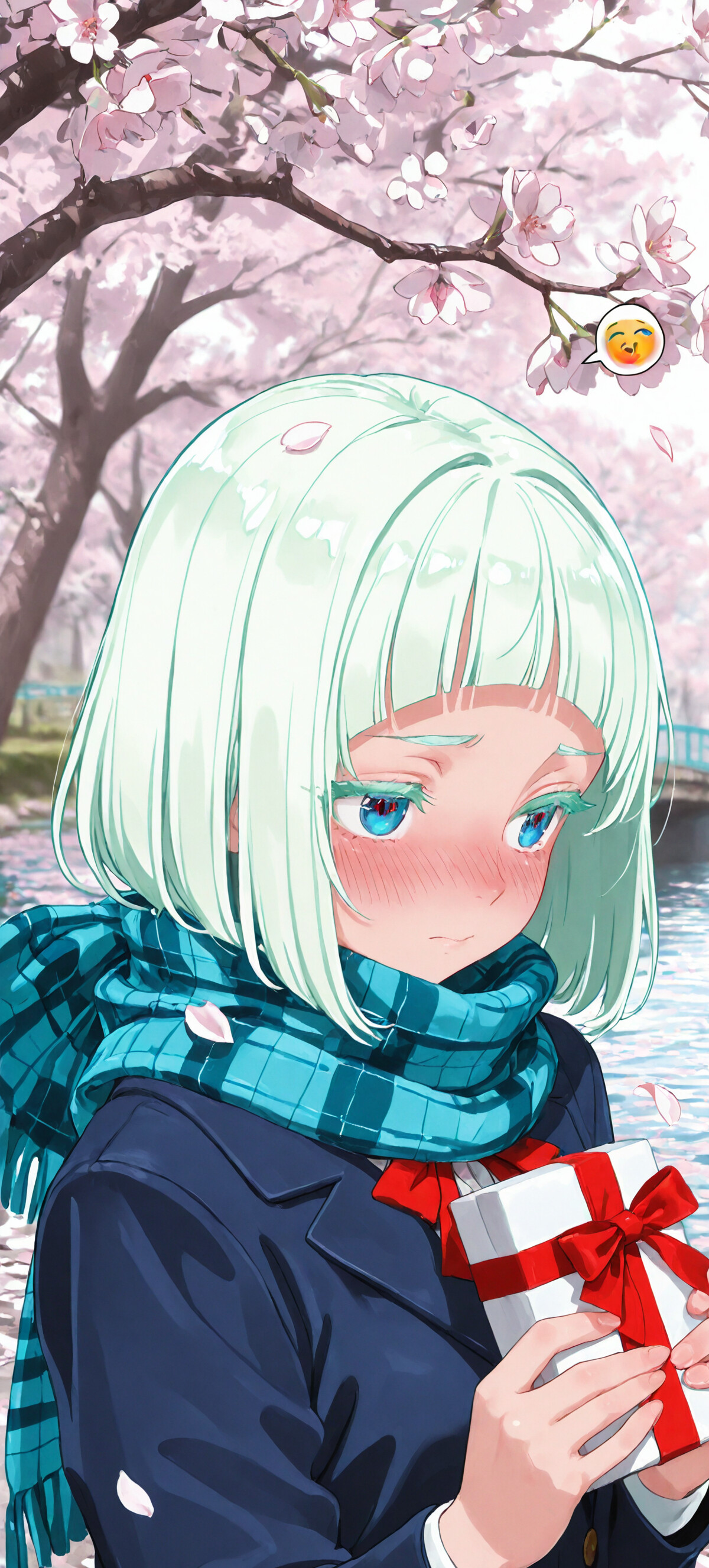 An anime-style girl with light green hair and a blue scarf shyly holds a red gift box while blushing, set against a background of cherry blossom trees and a river.