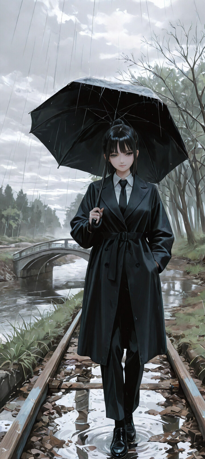 Asa Mitaka from Chainsaw Man, a young woman with short black hair, stands on wet train tracks in the rain, holding a black umbrella. She wears a black coat and suit and looks at the viewer with a slight smile, with a river and bridge in the background.