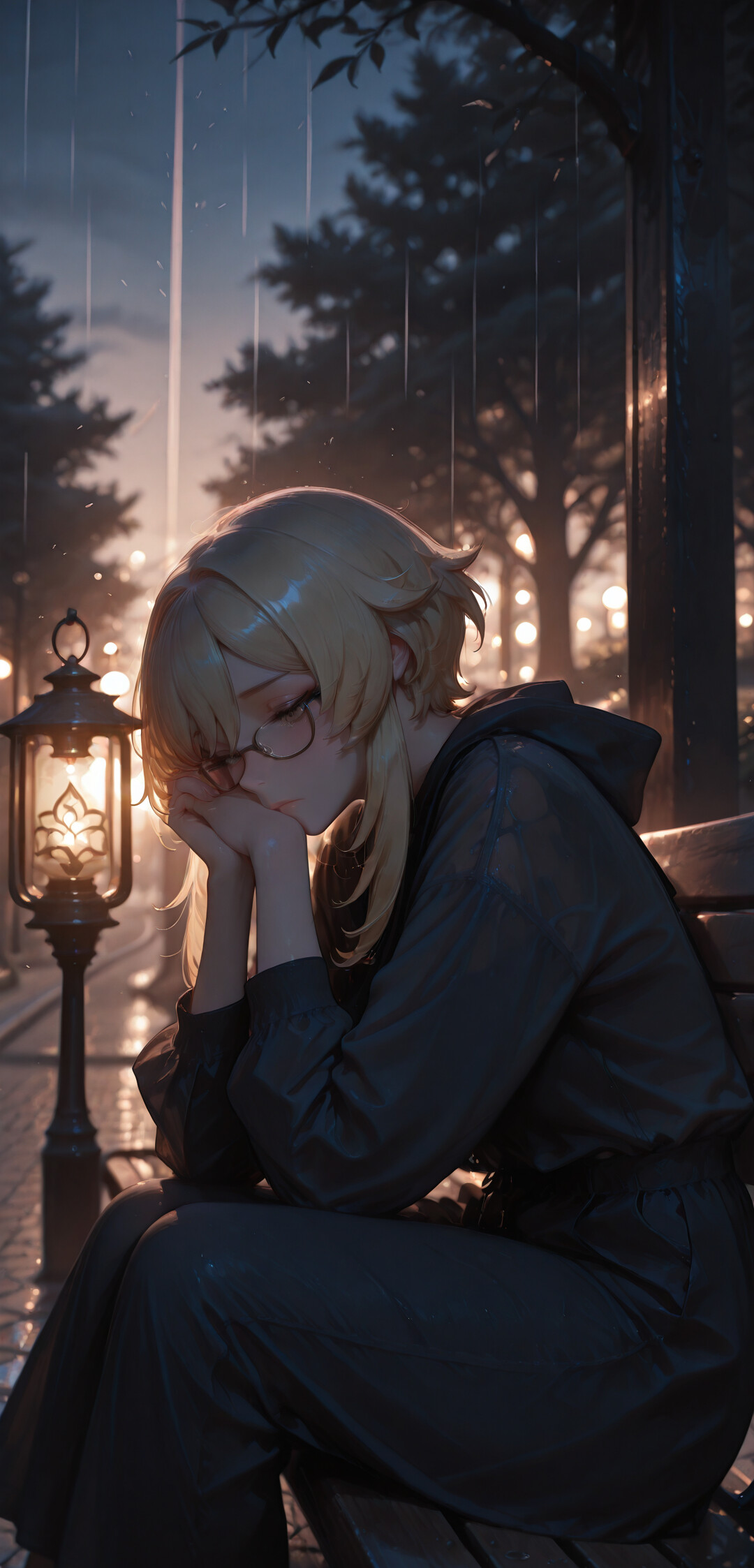 A blonde-haired anime girl with glasses, identified as Lumine from Genshin Impact, sits sadly on a park bench at night in the rain, her head resting in her hands. A glowing lantern sits beside her.