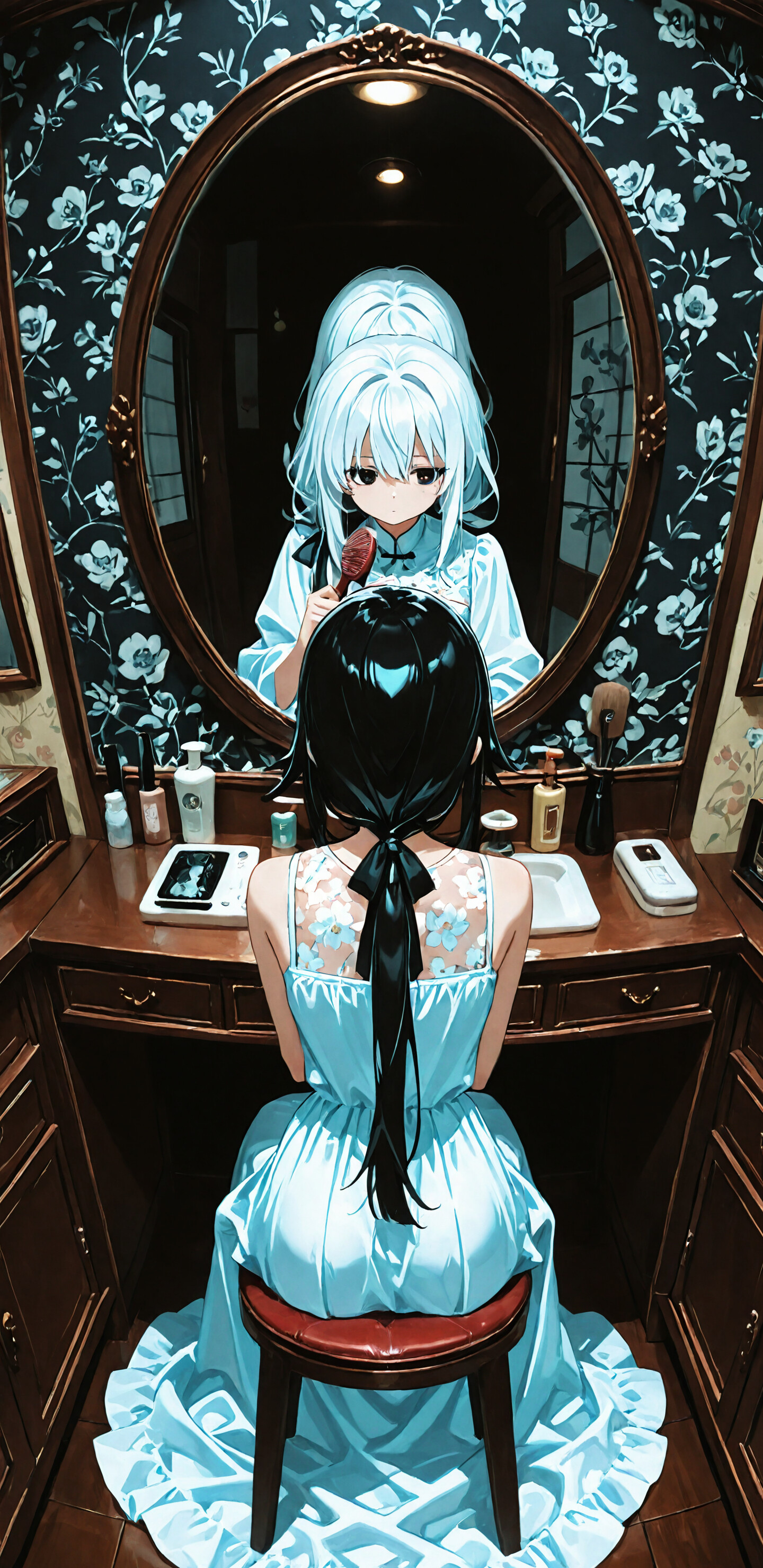 An anime girl with long, light blue hair sits at a vanity, facing a mirror. Her reflection in the mirror is a different girl with short, dark brown hair and a sad expression.