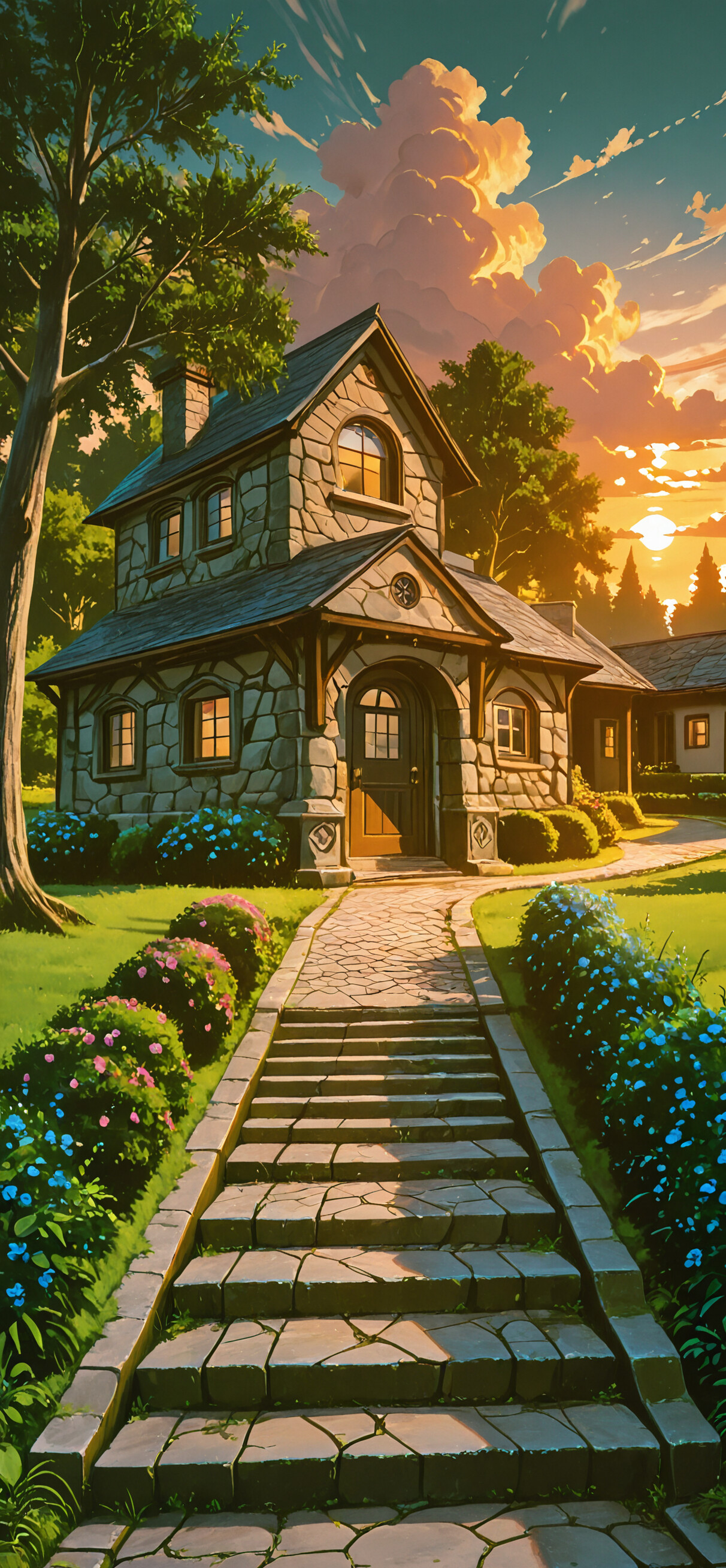 An illustration of a charming European-style cottage at sunset, with a stone staircase leading to the front door, surrounded by a lush garden under a colorful, cloudy sky.