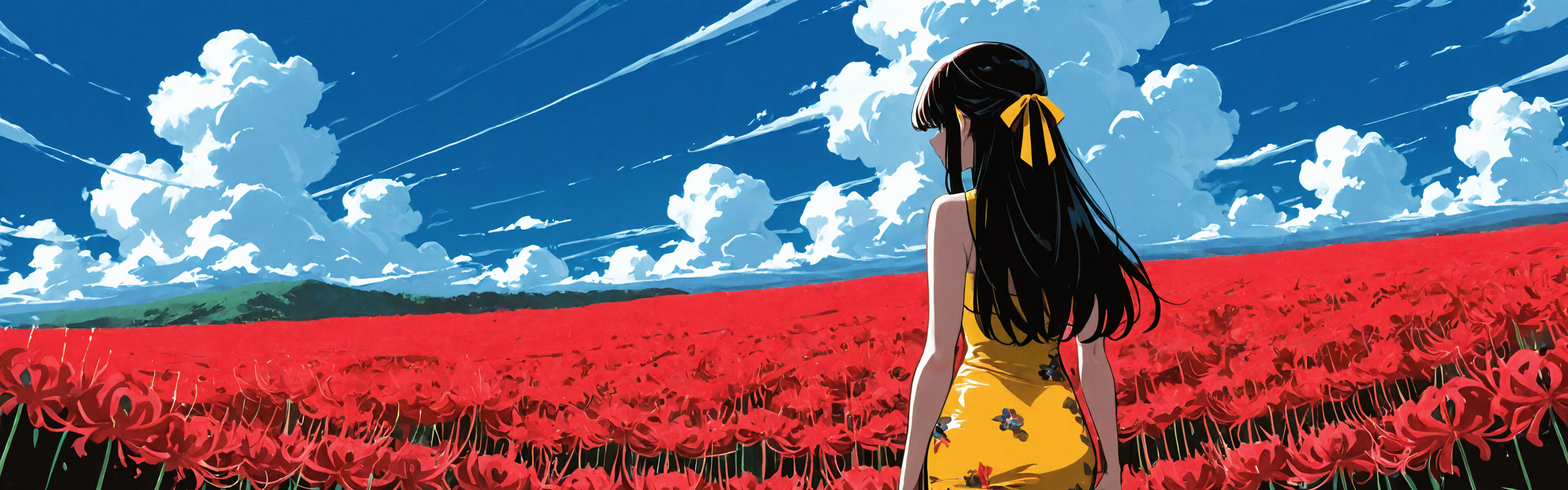 An anime girl with long black hair and a tight yellow dress stands from behind in a field of red spider lilies, looking out towards a distant town under a blue, cloudy sky.