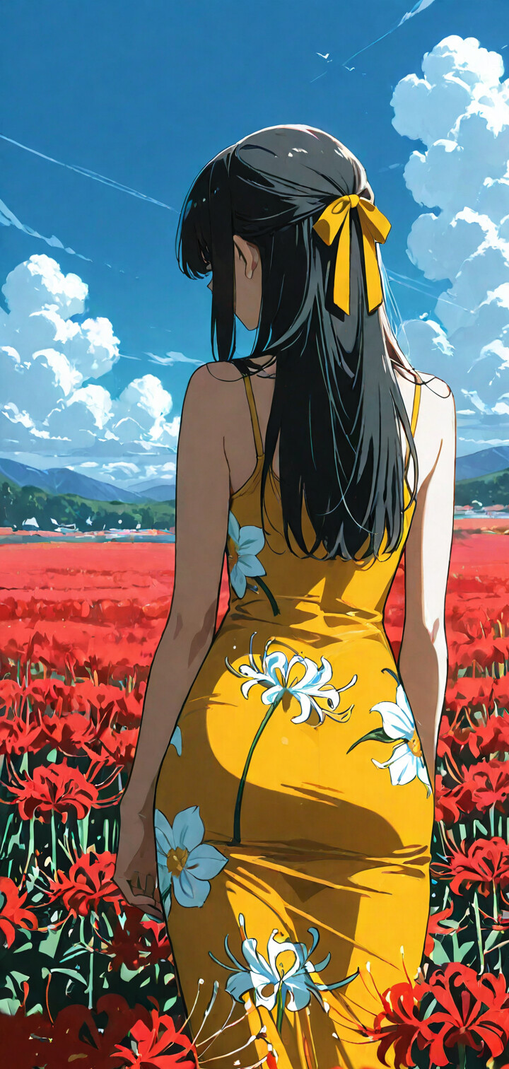 An anime girl with long black hair and a tight yellow dress stands from behind in a field of red spider lilies, looking out towards a distant town under a blue, cloudy sky.