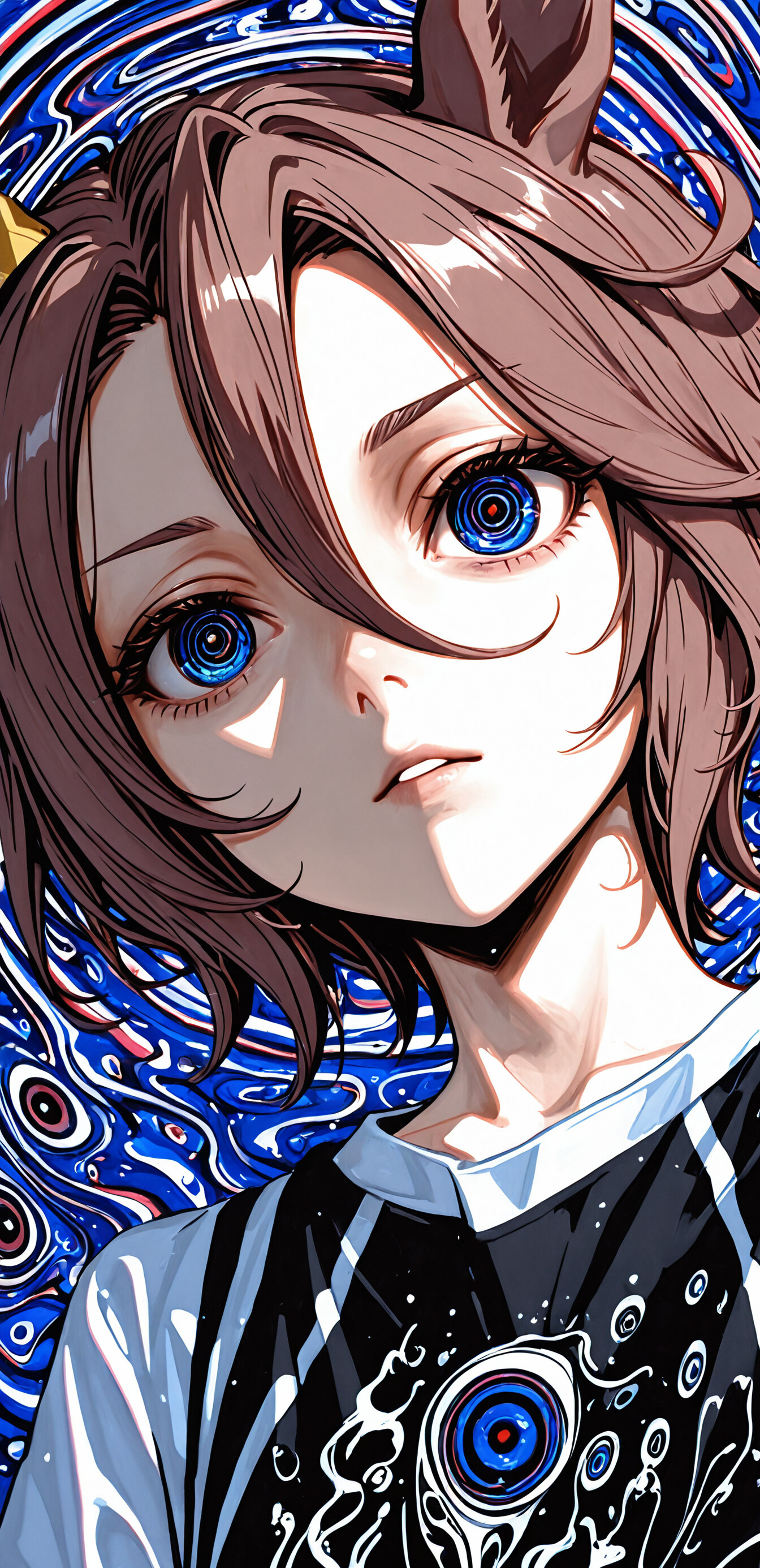 A digital art portrait of Narita Taishin from Uma Musume, featuring short brown hair and striking blue eyes. Her neck and shoulders are covered in a surreal pattern of multiple embedded eyes against a swirling blue and white background.