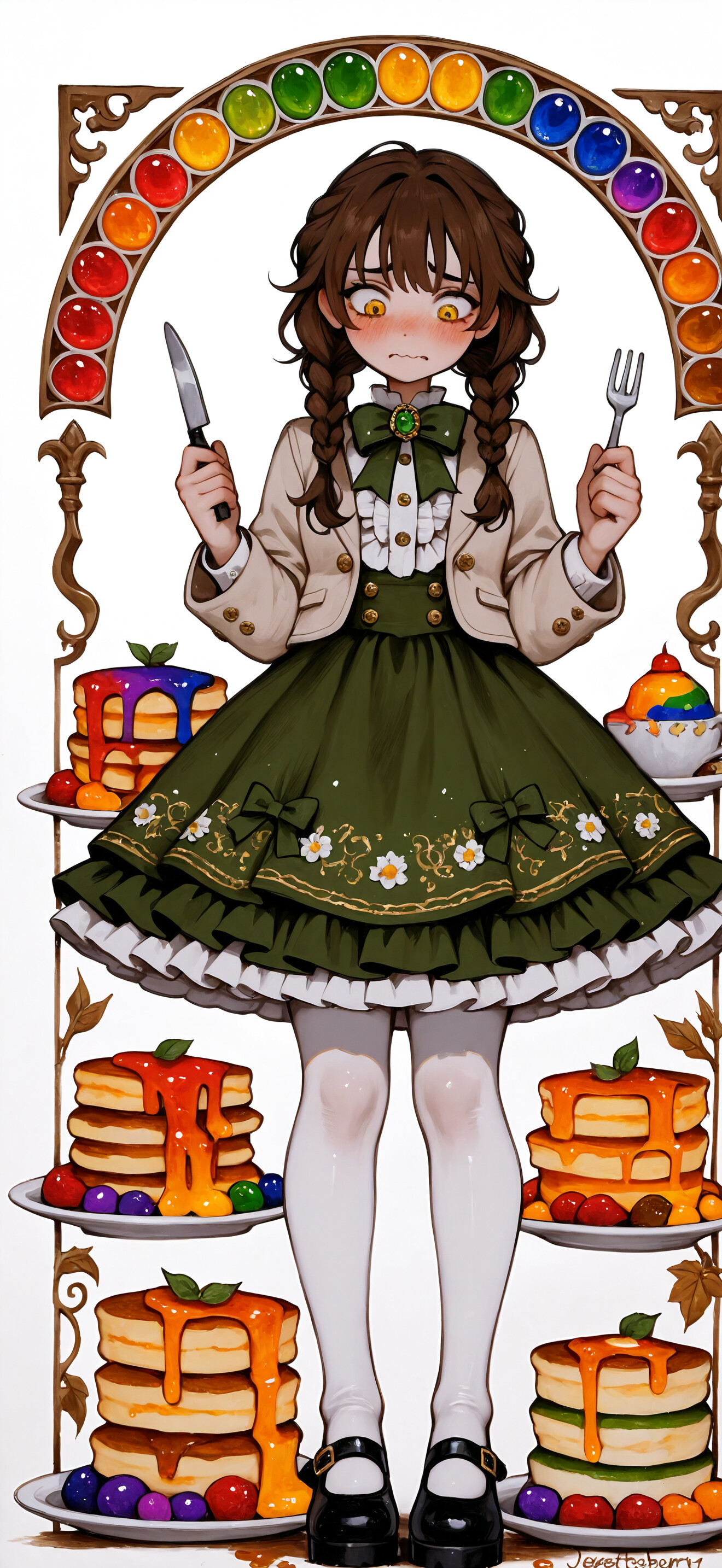 An anime-style girl with brown braids and shocked yellow eyes looks in horror at a stack of rainbow-colored pancakes on a plate in front of her, holding a knife and fork ready to eat.