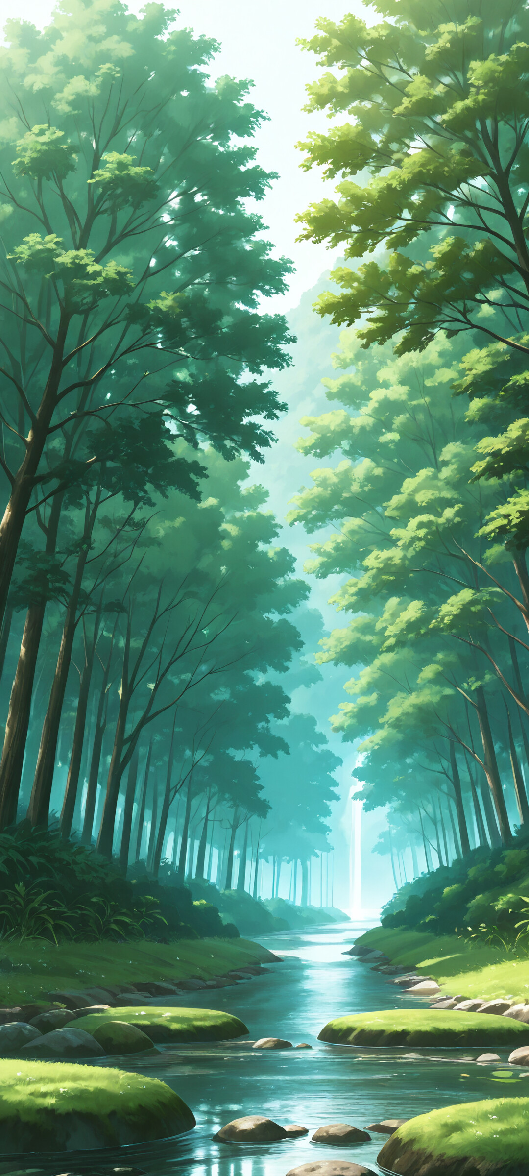 An anime-style landscape of a clear, calm river flowing through a green valley with lush grass, pine trees, and rolling mountains under a blue sky.