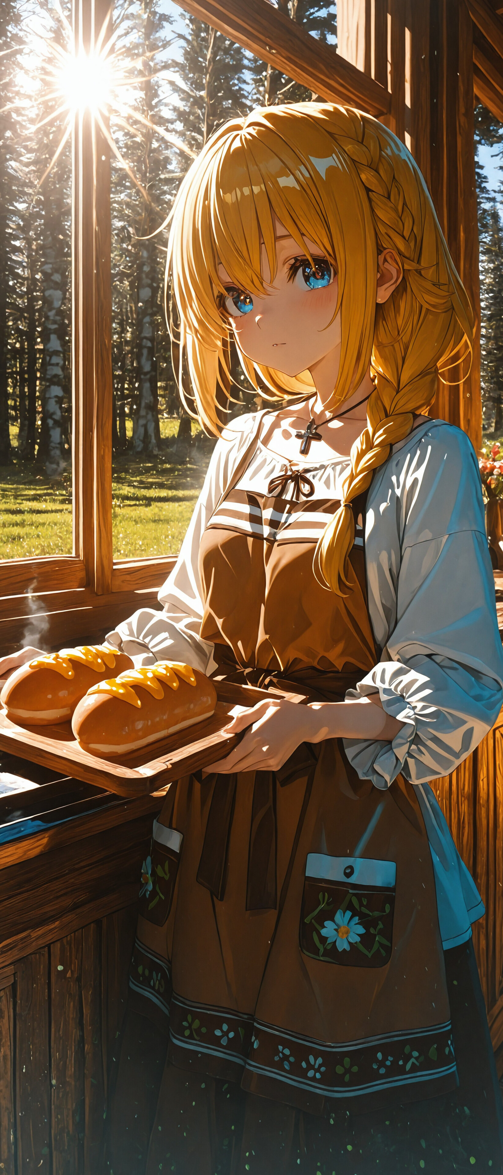 An anime-style girl with blonde hair and a brown apron holds a tray of fresh bread in a sunlit, rustic wooden kitchen next to a window overlooking a forest. A basket of painted blue eggs sits on the table.