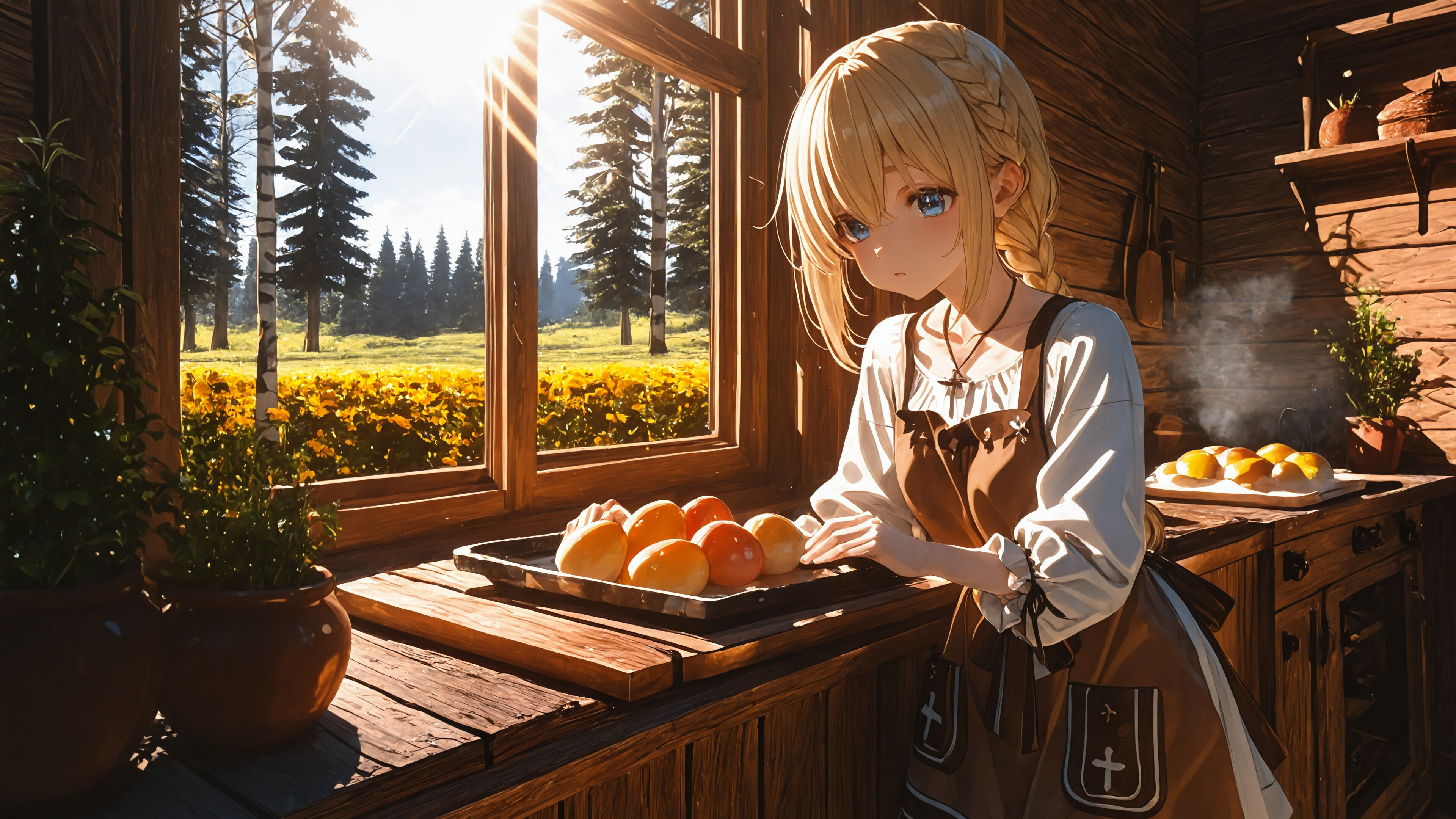 An anime-style girl with blonde hair and a brown apron holds a tray of fresh bread in a sunlit, rustic wooden kitchen next to a window overlooking a forest. A basket of painted blue eggs sits on the table.