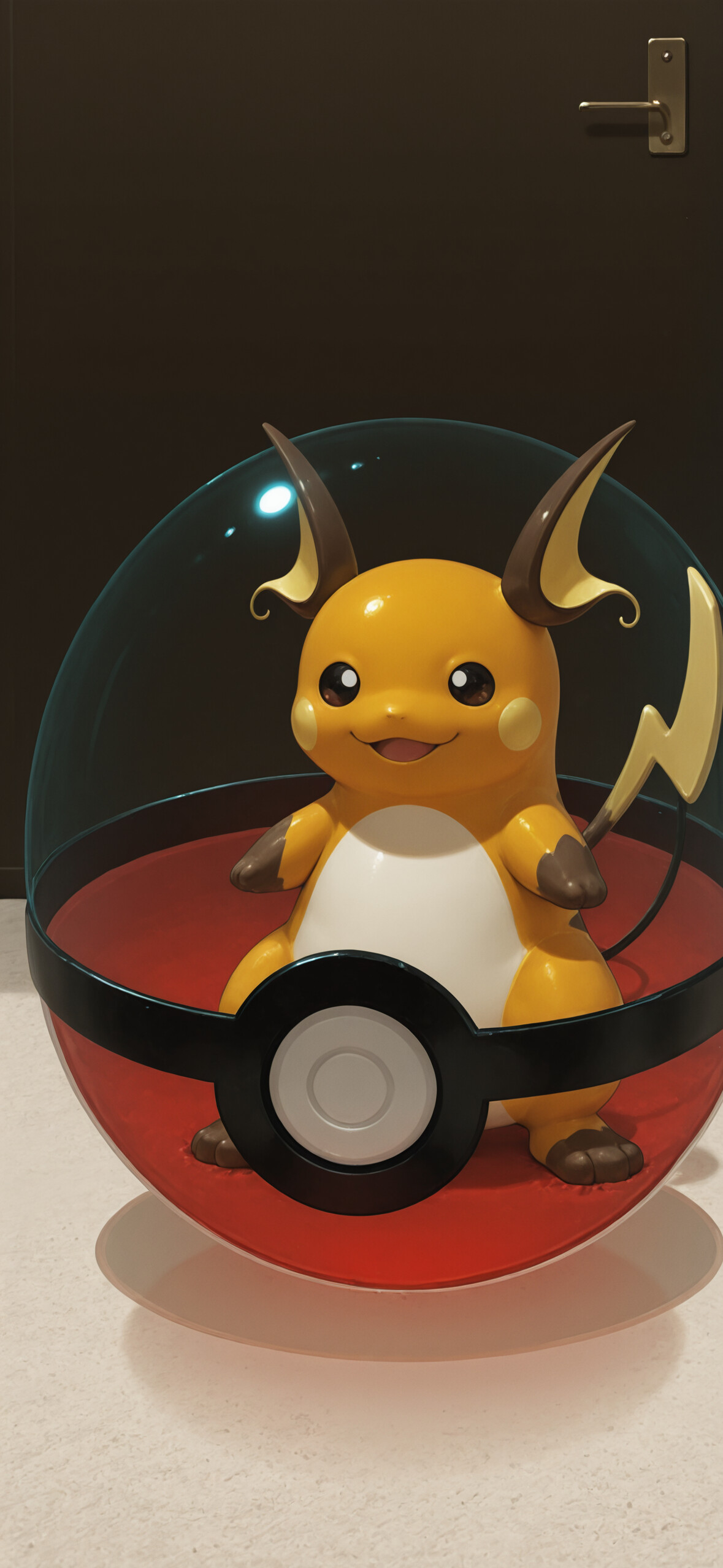 A digital art piece showing the Pokémon Raichu, a chubby yellow creature with a lightning bolt tail, sitting peacefully inside a Poké Ball with a clear glass top.