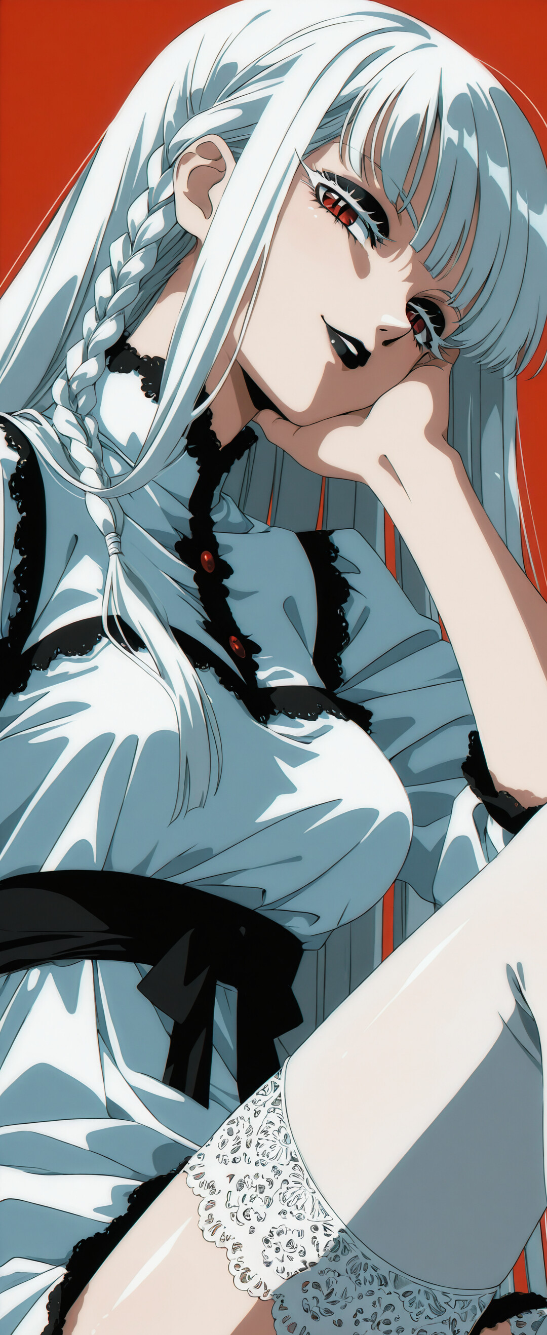 A close-up illustration of an anime woman with long white hair and red eyes against a solid red background. She is resting her chin on her hand, which is propped on her knee, and looking at the viewer with a slight, smug smile. She wears black lipstick and a black lace top.