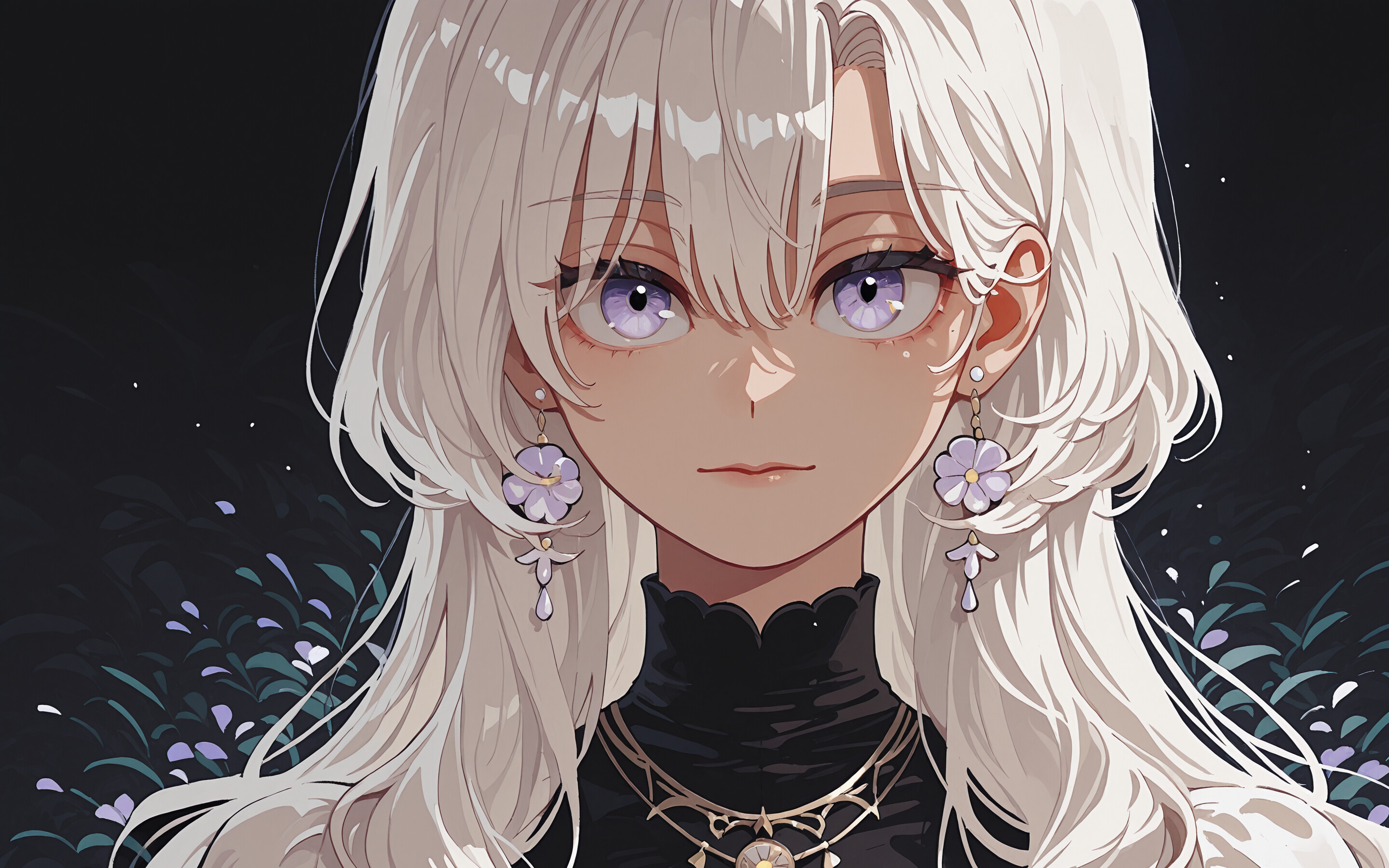 A close-up portrait of an anime-style girl with long, wavy white hair and enchanting purple eyes. She has a calm expression and wears elegant purple clover-shaped earrings and a matching necklace over a black turtleneck. The background is dark with soft white sparkles.