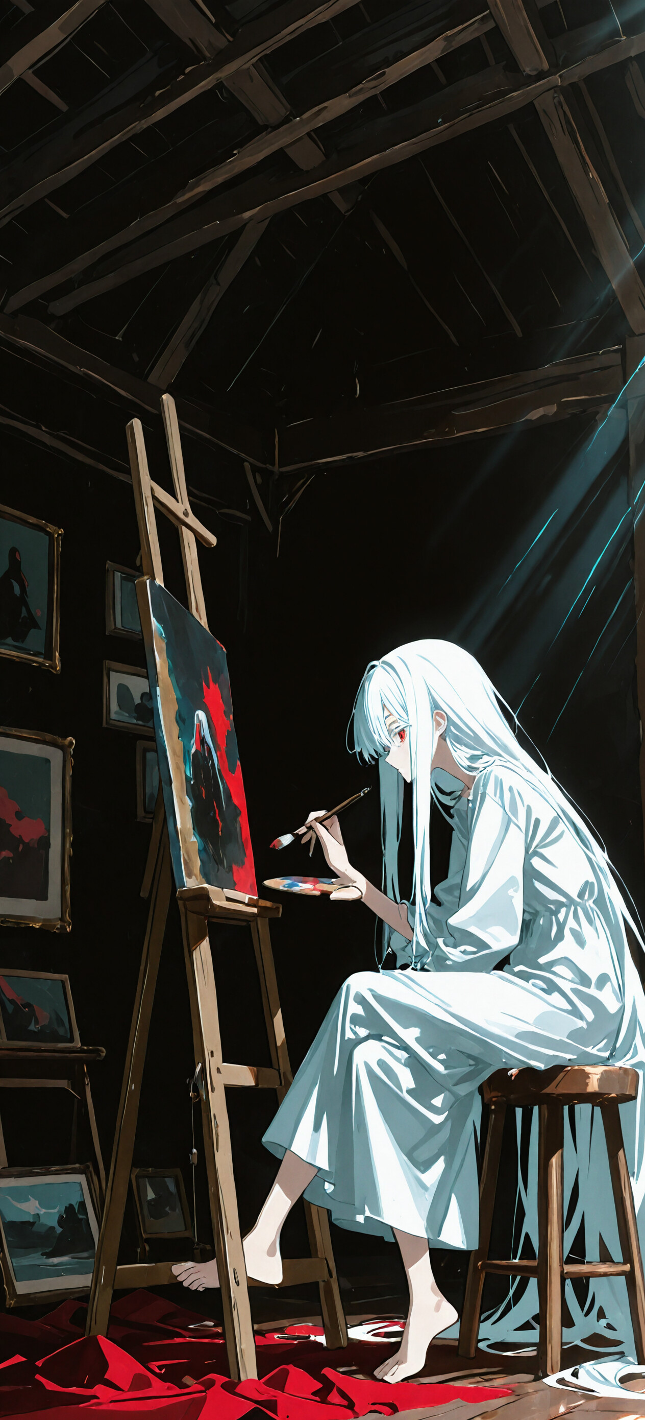 A young anime-style woman with very long white hair sits in a dark, dusty attic, illuminated by beams of light from the ceiling. She is barefoot, wearing a white dress, and is painting a stark red figure of a woman on a black canvas.