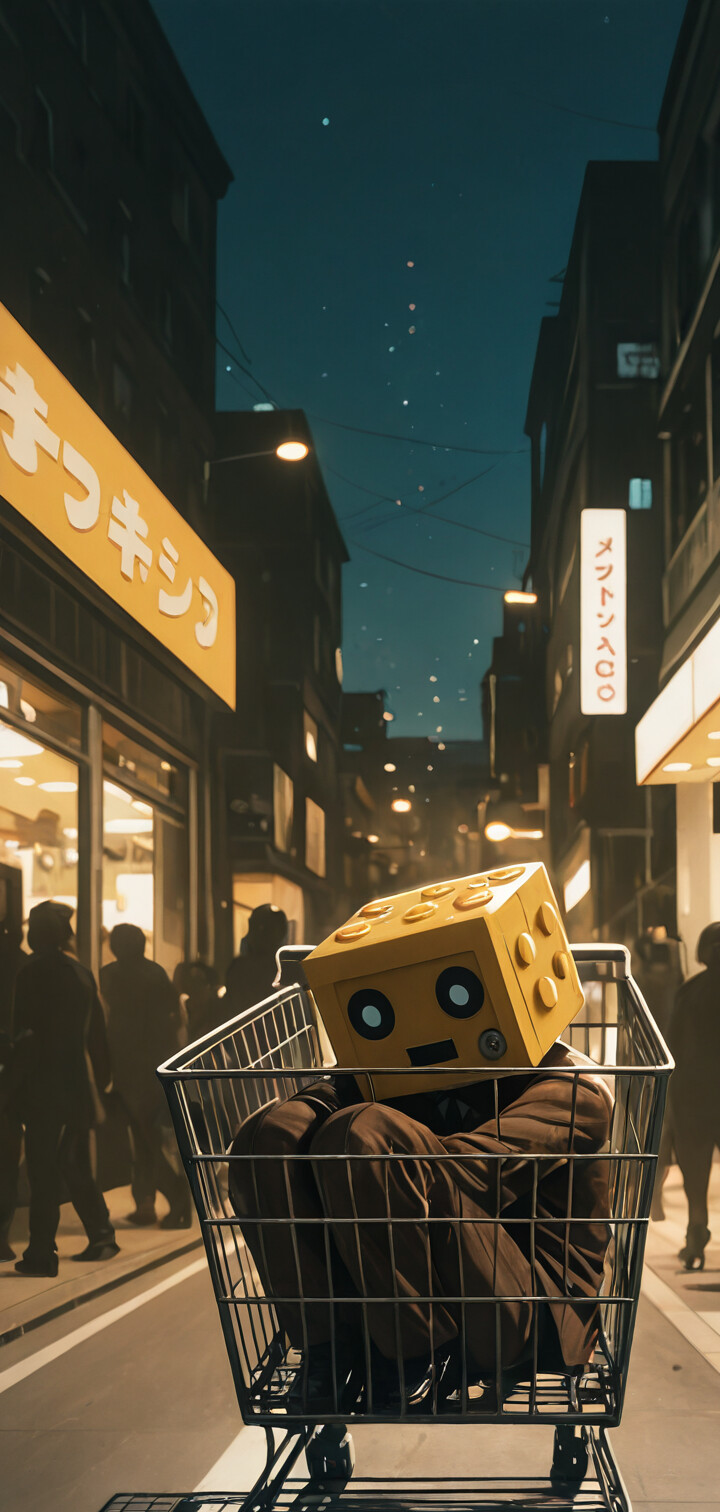A character with a large yellow block head wearing a brown suit sits inside a shopping cart on a city street at night.