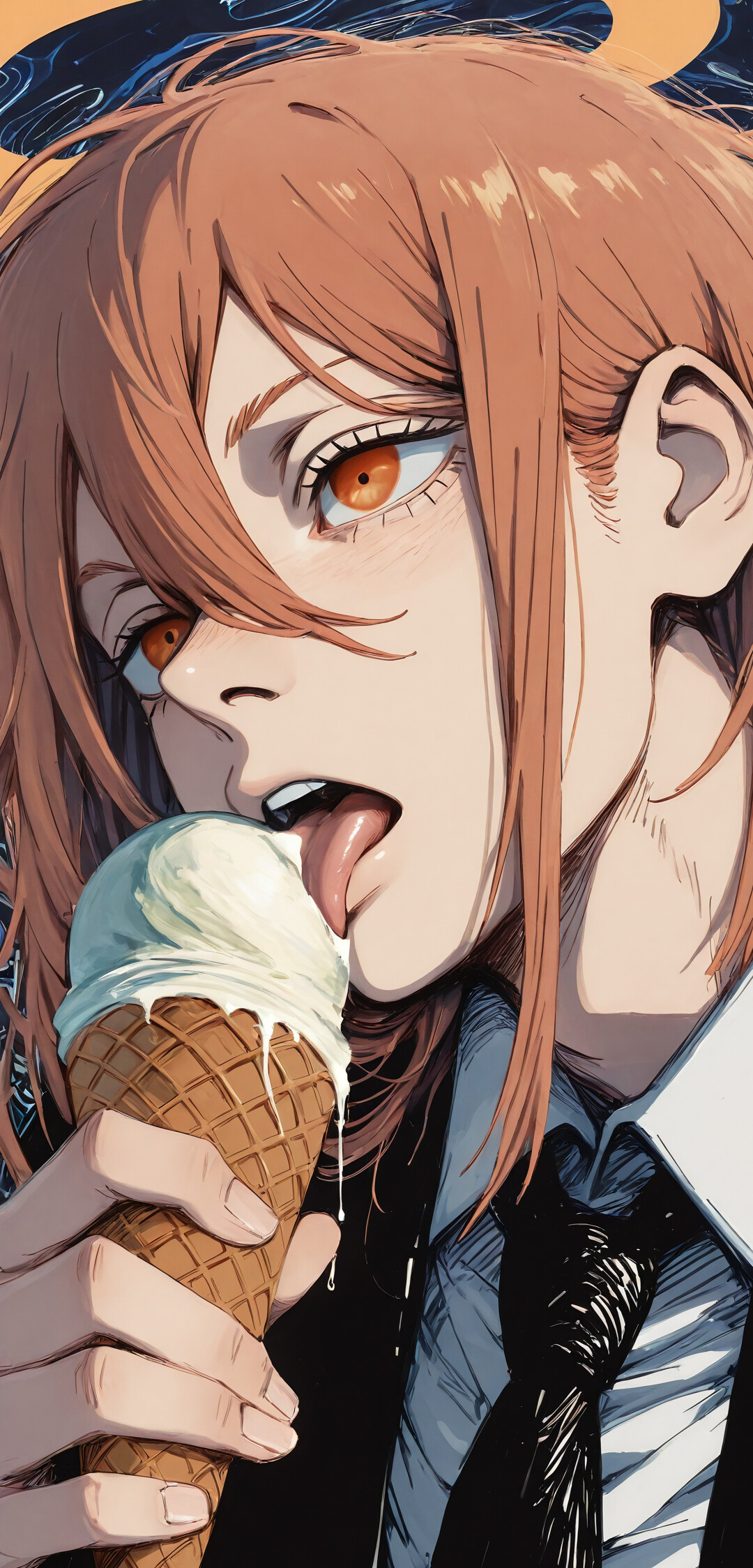 A close-up illustration of Angel Devil from Chainsaw Man, a male character with orange hair and a halo, licking a vanilla ice cream cone while wearing a black suit.