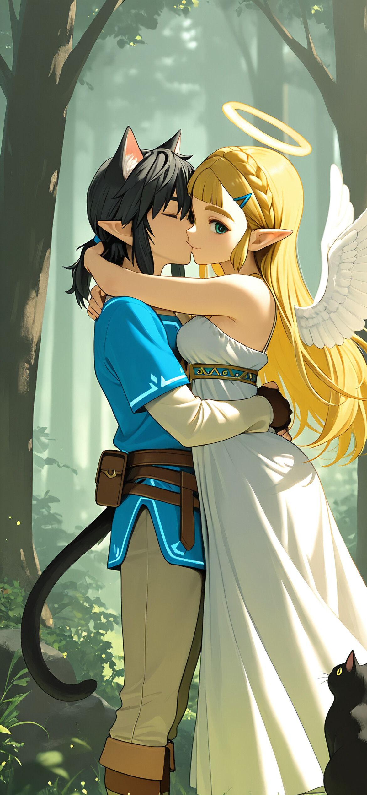 An anime-style illustration of Princess Zelda with angel wings and a halo, tenderly hugging a black cat in a forest setting.