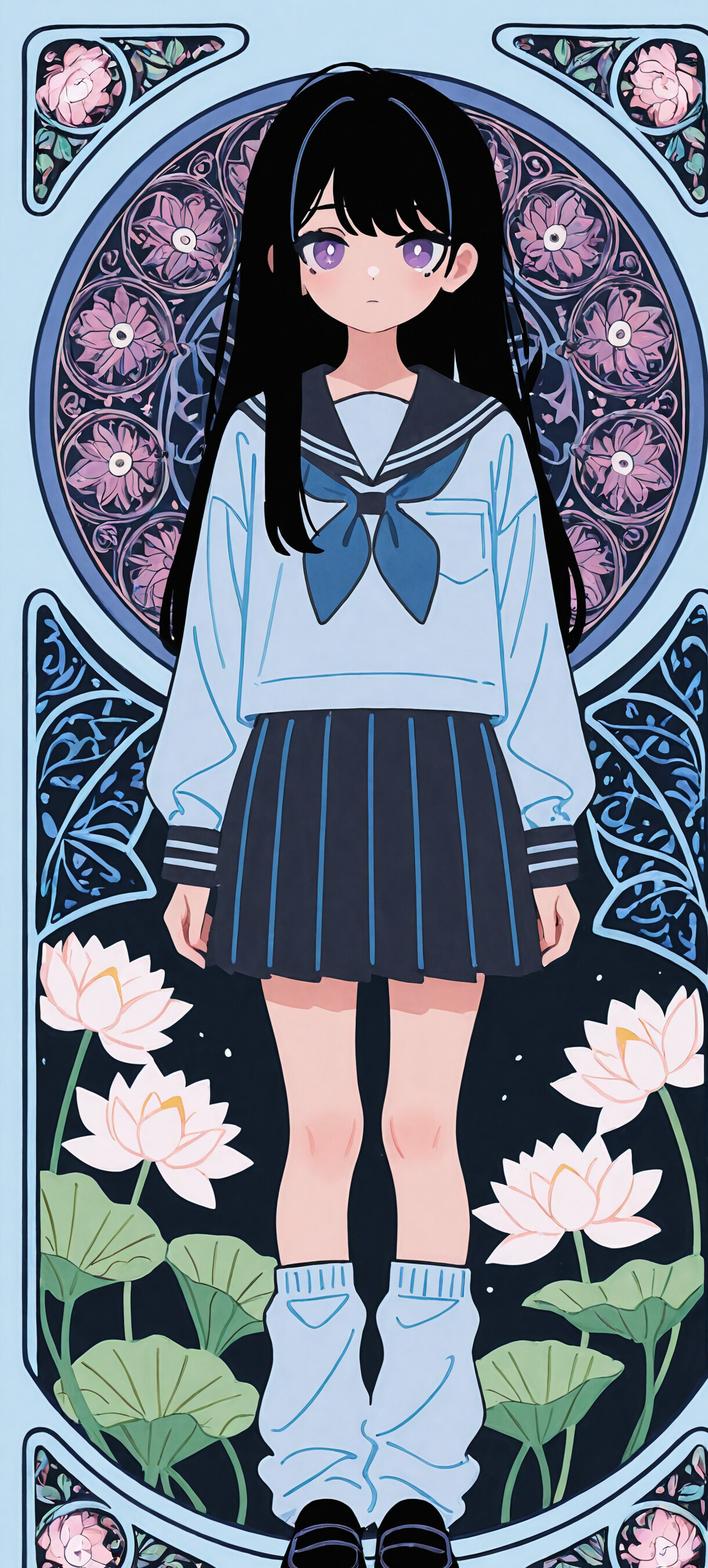 Anime girl in school uniform standing against a floral background