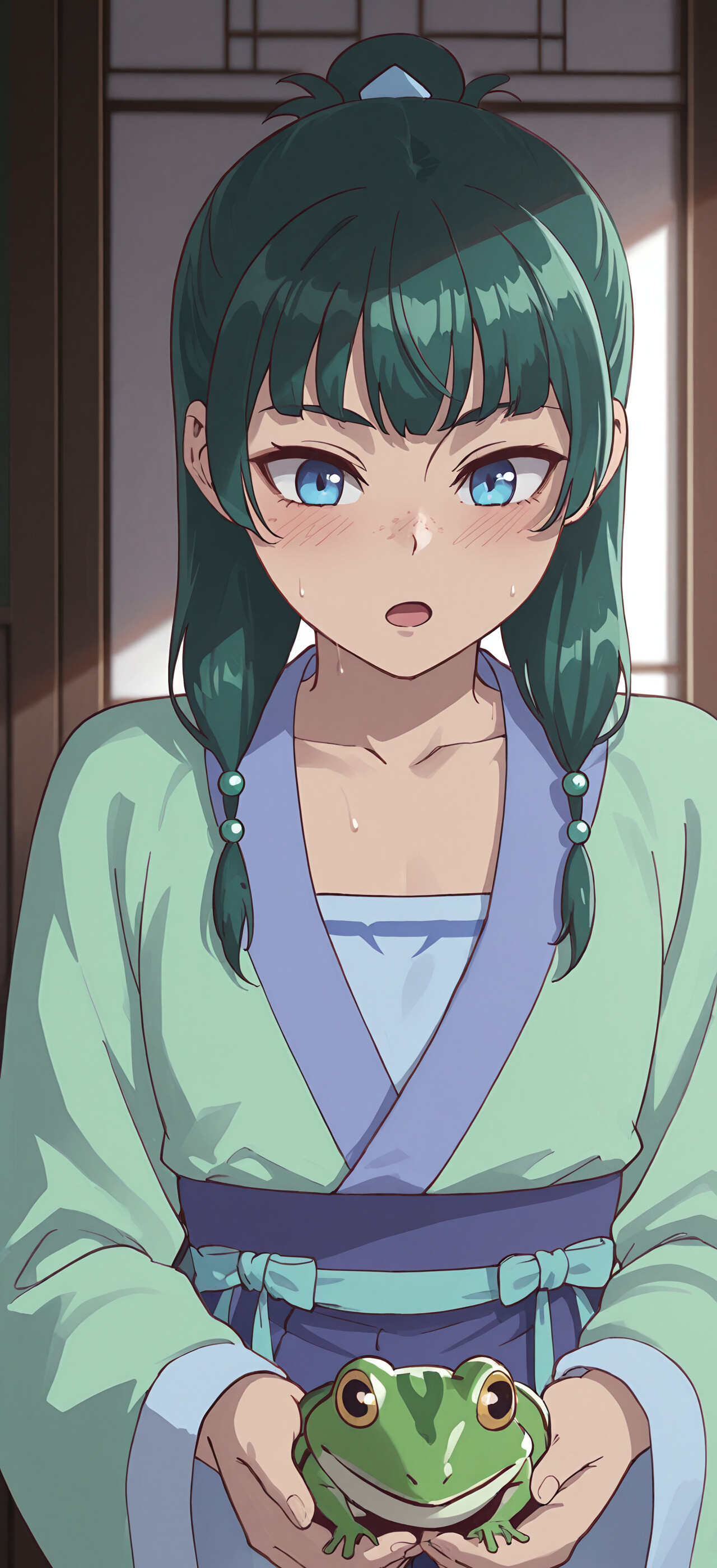 Anime girl with green hair and blue eyes, holding a frog with a surprised expression, wearing traditional attire.