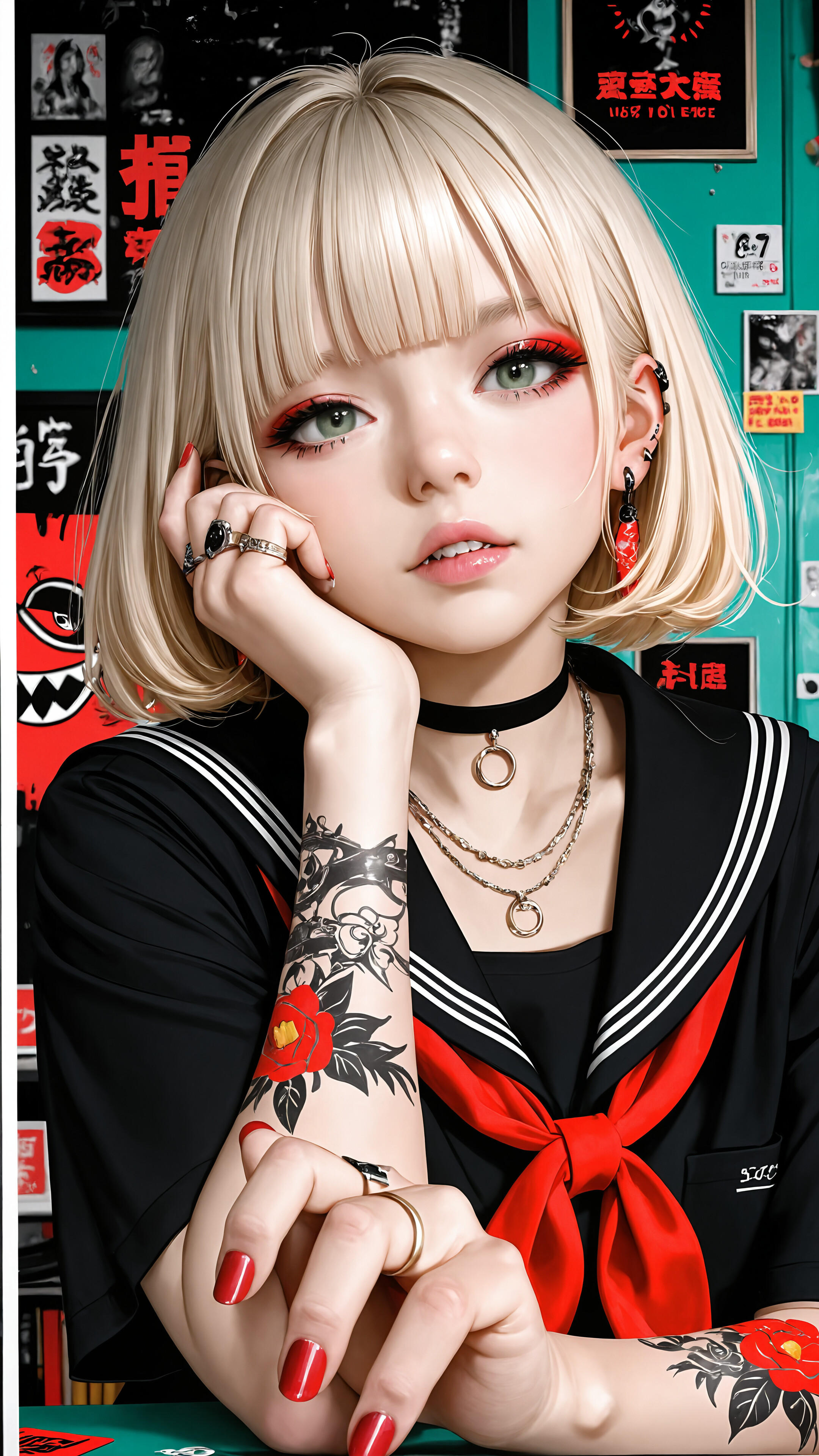 Anime girl with platinum blonde hair, green eyes, sailor uniform, accessories, vibrant background