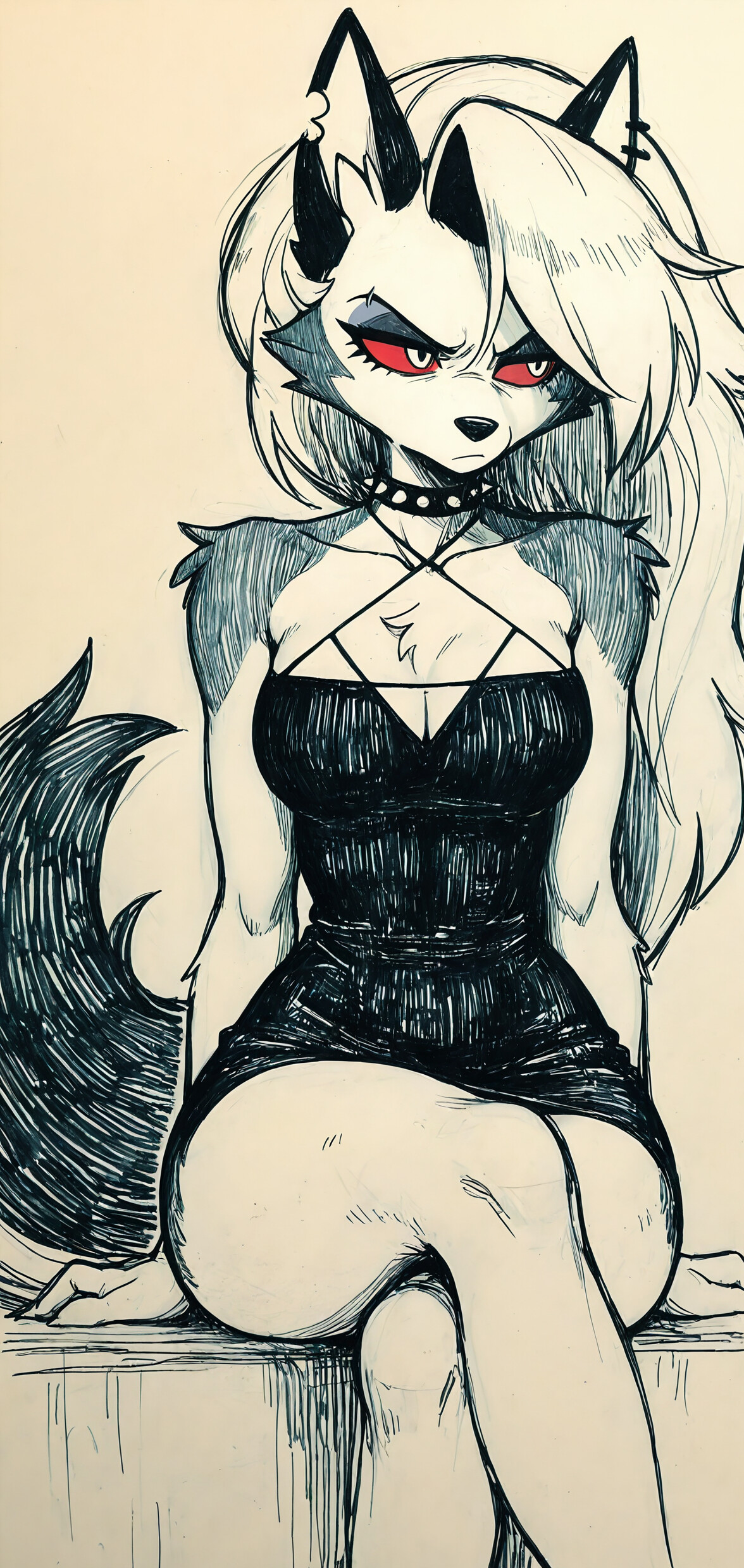 A full-body ink sketch of Loona from Helluva Boss, an anthropomorphic wolf girl with white and grey fur. She is sitting with her legs crossed, wearing a tight, short black dress and a studded choker, looking away from the viewer with an annoyed expression. The style is a traditional sketch with hatching on sepia-toned paper.