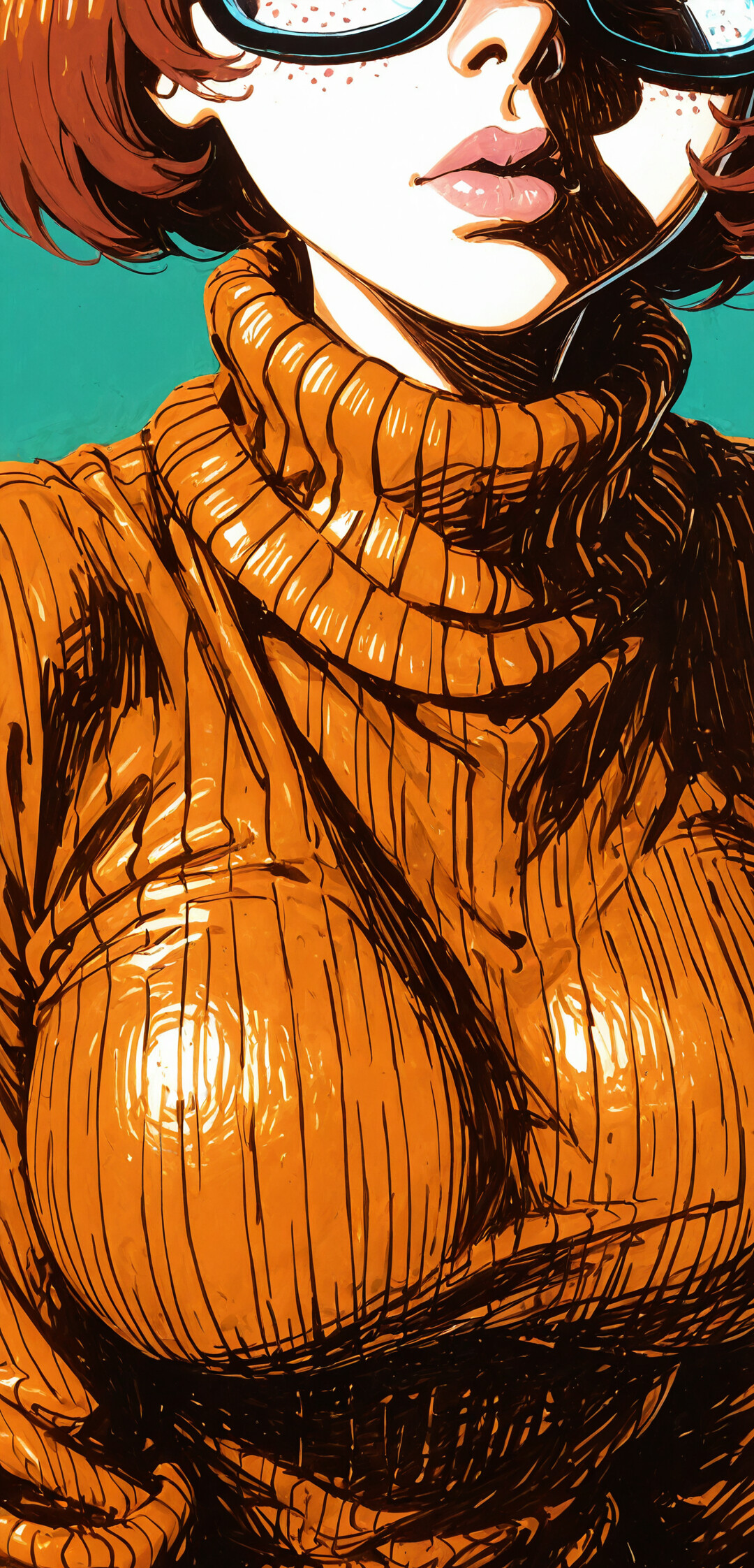 A close-up anime-style illustration of Velma from Scooby-Doo, with short brown hair and black glasses, wearing a thick orange turtleneck sweater against a black and gold abstract background.