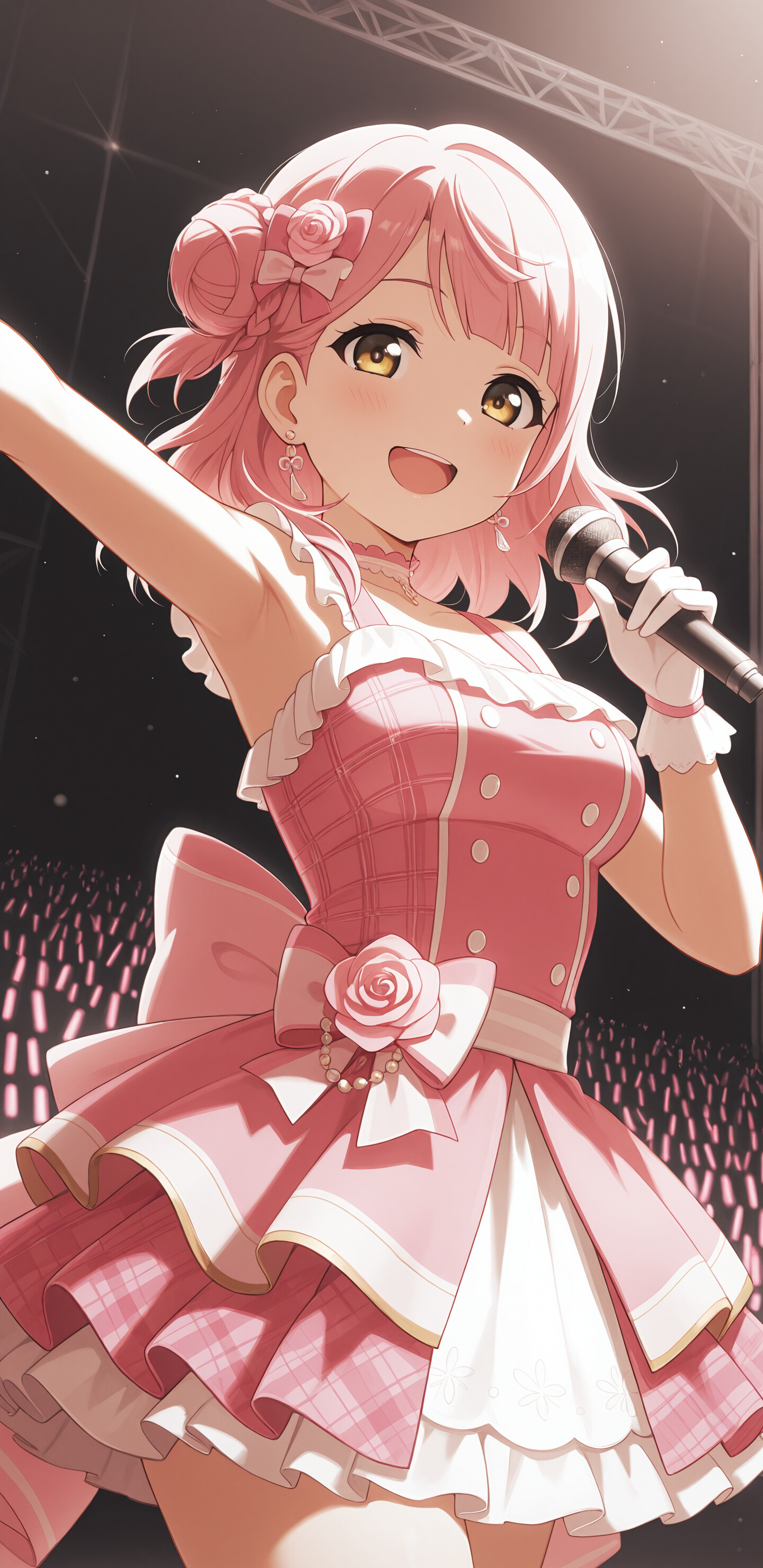 Ayumu Uehara from Love Live! Nijigasaki High School Idol Club smiling brightly while singing into a microphone on stage, dressed in an elaborate pink and white idol costume with rose decorations.