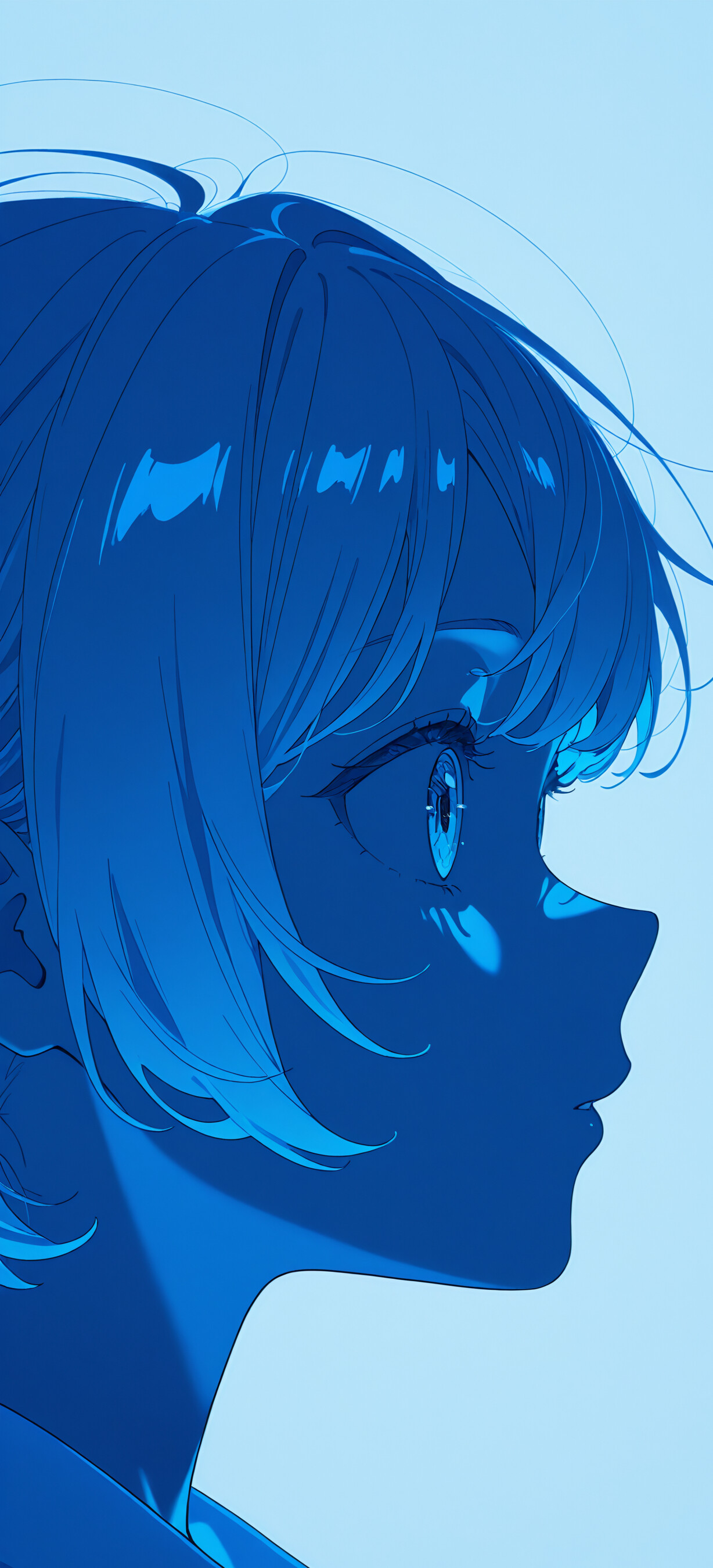 A profile view of an anime-style girl with short blue hair, mostly in shadow against a light blue background. Her eye is detailed and reflects light as she looks upwards.