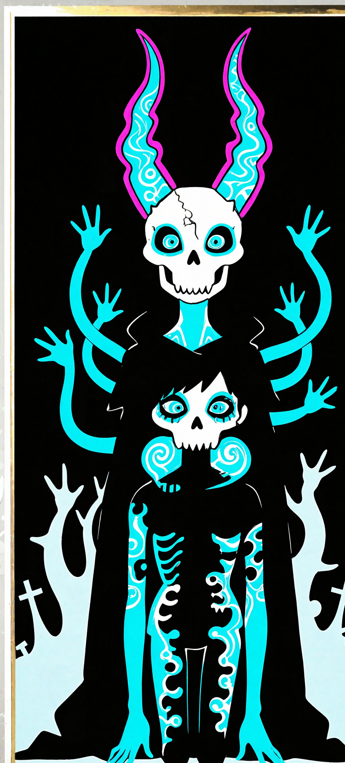 An illustration of a girl with a black pixie cut and large, striped blue horns. She wears a black cloak with a large skull and ribcage design on it, and is set against a yellow watercolor sun background, surrounded by black tendrils with blue eyes.