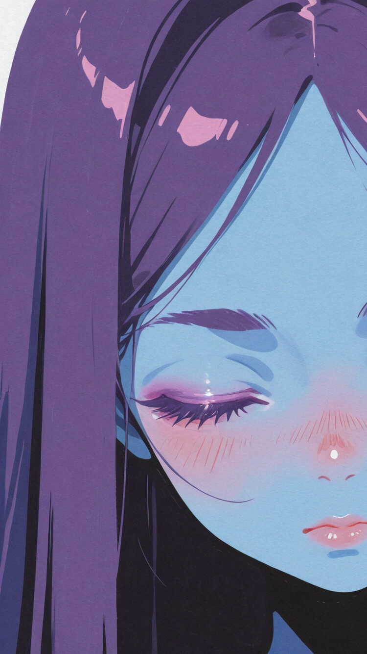 A close-up digital illustration of a sad girl with blue skin, long purple hair, and closed eyes with tears welling up.